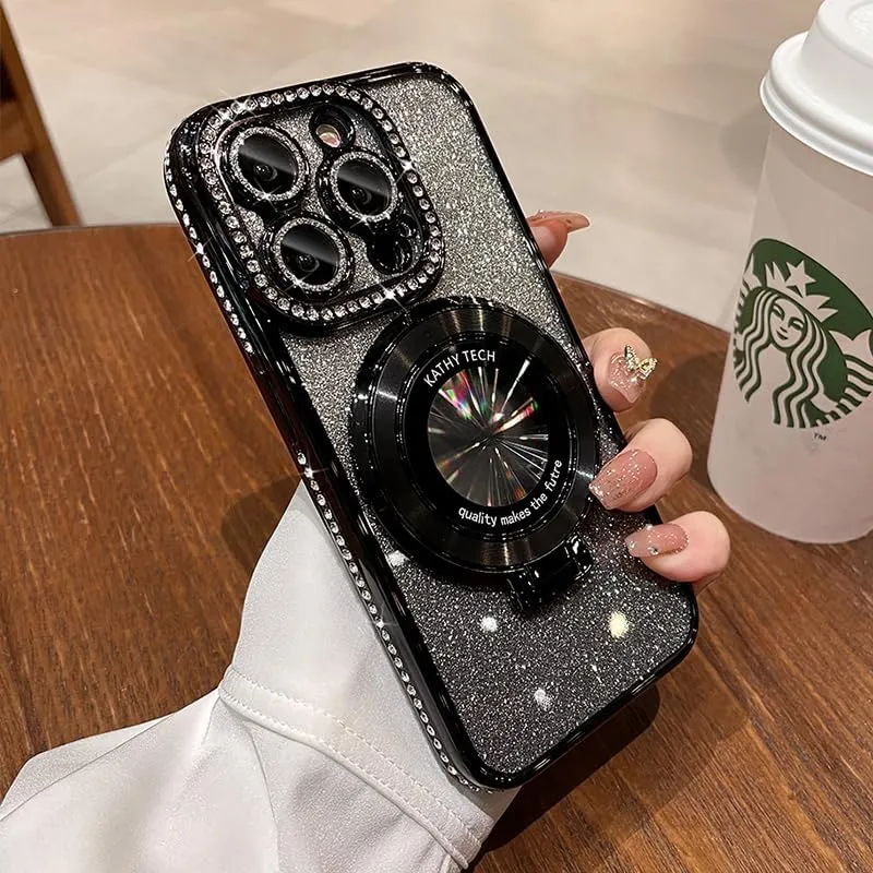 Magnetic Kickstand (Glitter Lens Protector ) Case for IPhone 15 Pro Max (Compatible with Magsafe ) ( Bling Diamond ) Cover Sparkly Shiny Rhinestone Glitter Cases (Black,for iPhone 15 Pro)