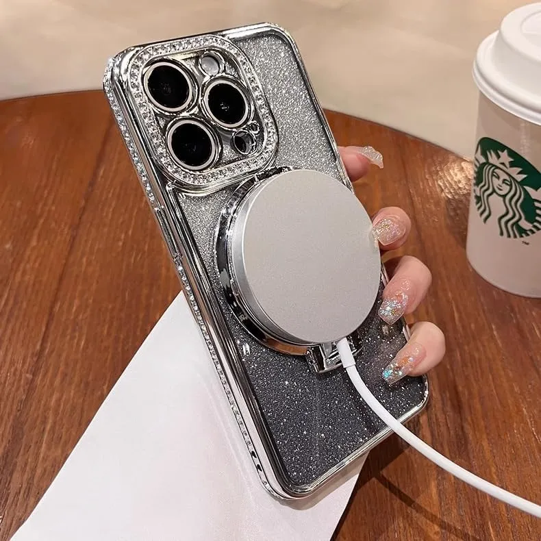 Magnetic Kickstand (Glitter Lens Protector ) Case for IPhone 15 Pro Max (Compatible with Magsafe ) ( Bling Diamond ) Cover Sparkly Shiny Rhinestone Glitter Cases (Black,for iPhone 15 Pro)