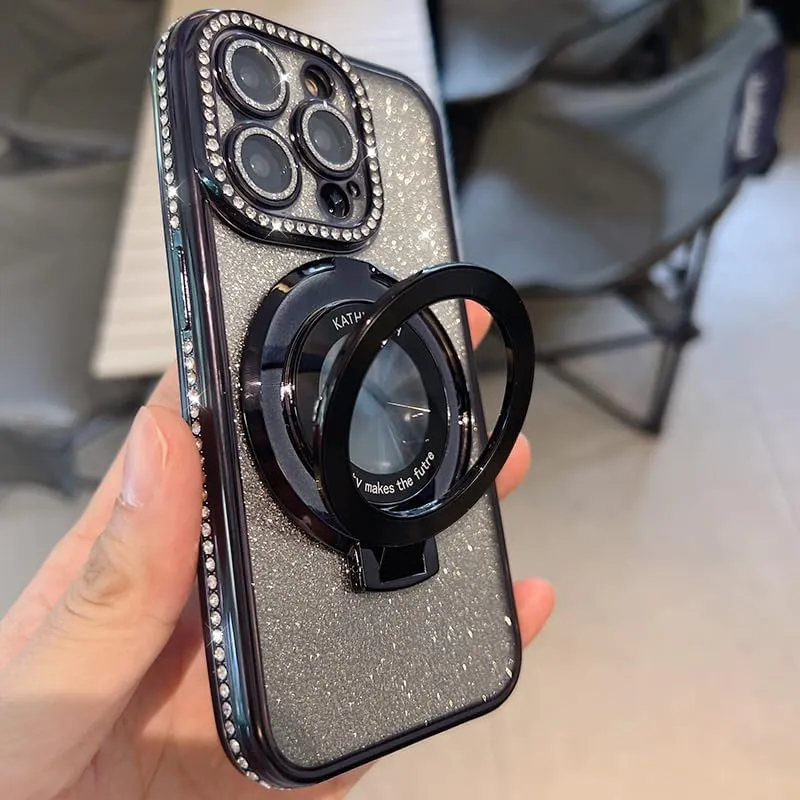 Magnetic Kickstand (Glitter Lens Protector ) Case for IPhone 15 Pro Max (Compatible with Magsafe ) ( Bling Diamond ) Cover Sparkly Shiny Rhinestone Glitter Cases (Black,for iPhone 15 Pro)