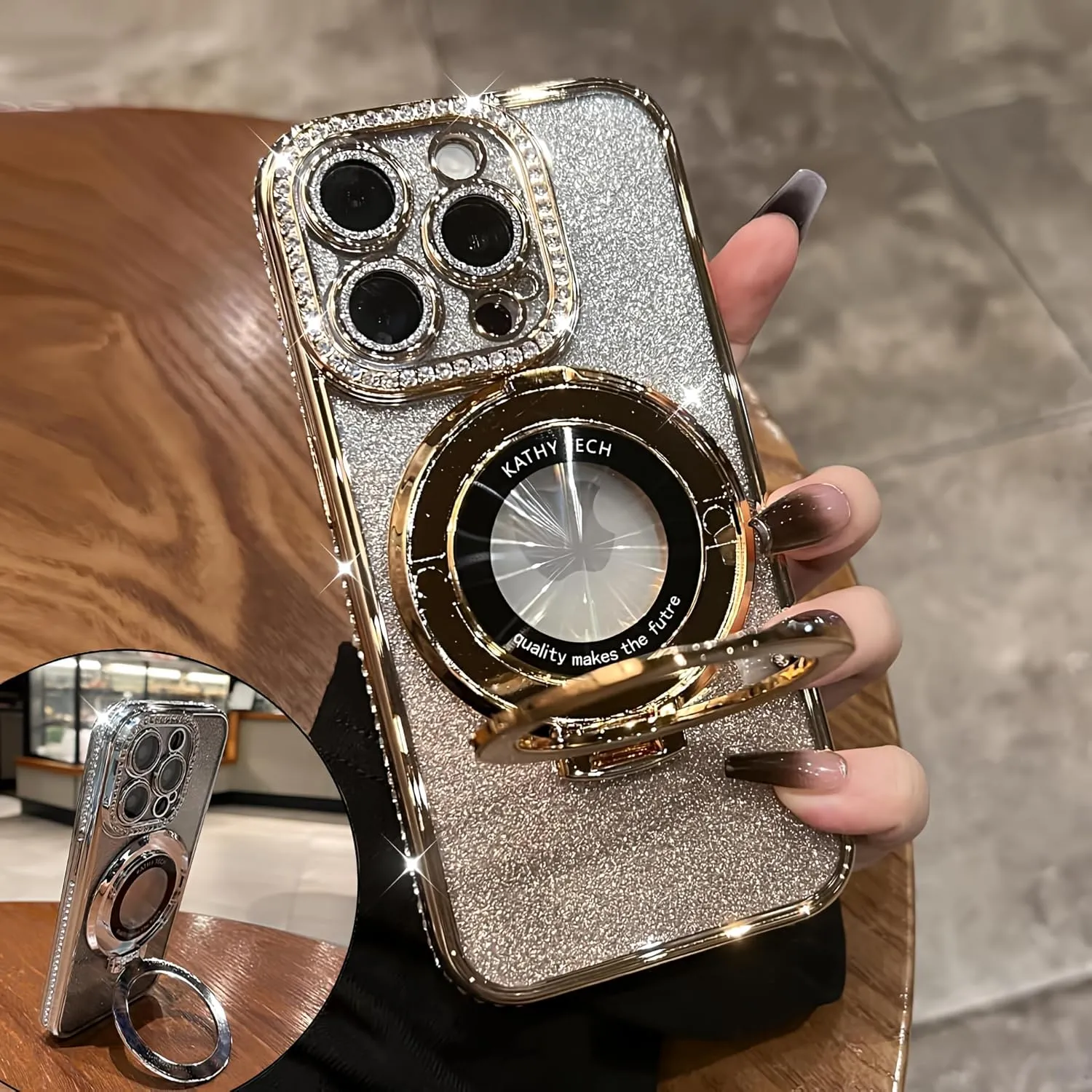 Magnetic Kickstand (Glitter Lens Protector ) Case for iPhone 15 Pro Max (Compatible with Magsafe ) ( Bling Diamond ) Cover Sparkly Shiny Rhinestone Glitter Cases (Gold,for iPhone 15 Pro Max)
