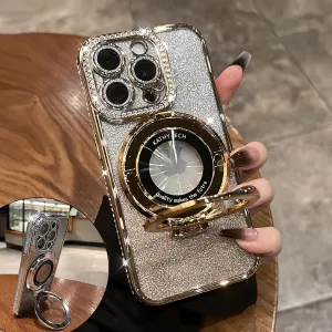 Magnetic Kickstand (Glitter Lens Protector ) Case for iPhone 15 Pro Max (Compatible with Magsafe ) ( Bling Diamond ) Cover Sparkly Shiny Rhinestone Glitter Cases (Gold,for iPhone 15 Pro Max)