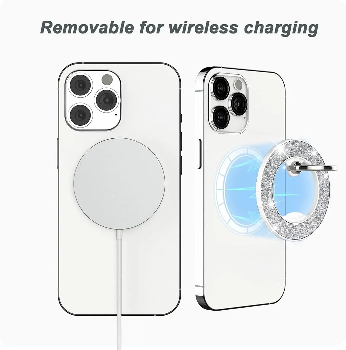 Magnetic Phone Ring Holder for magsafe, Glitter Magnetic Grip Compatible with iPhone 16 15 14 13 12 Pro max,Pro,Plus,Mini Mag Safe Accessories,Adjustable Kickstand,Silver