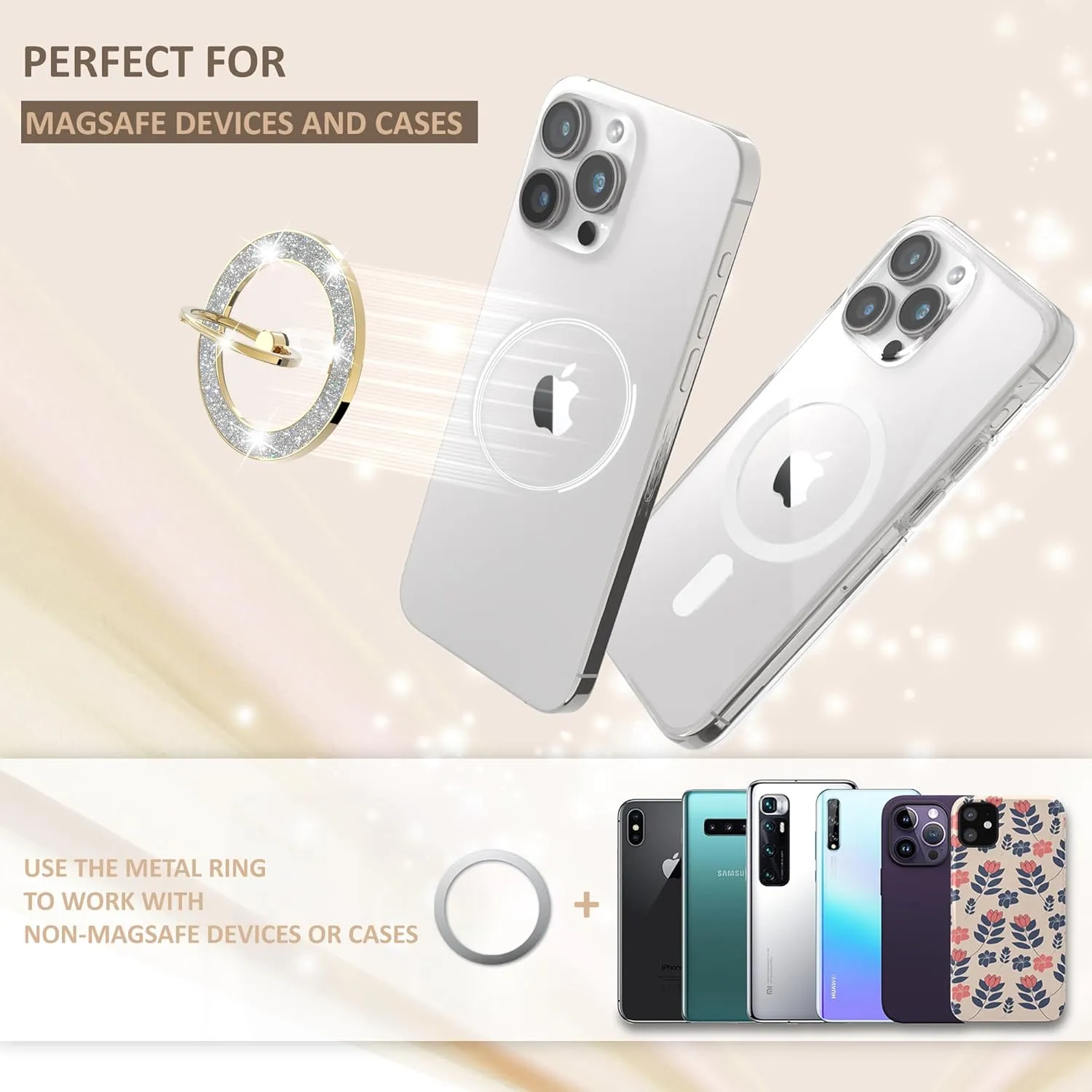 Magnetic Phone Ring Holder for MagSafe, Magnetic Phone Grip for iPhone, Compatible with iPhone MagSafe Wireless Charging. (Glitter Gold)