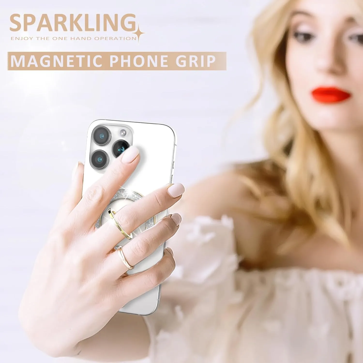 Magnetic Phone Ring Holder for MagSafe, Magnetic Phone Grip for iPhone, Compatible with iPhone MagSafe Wireless Charging. (Glitter Gold)