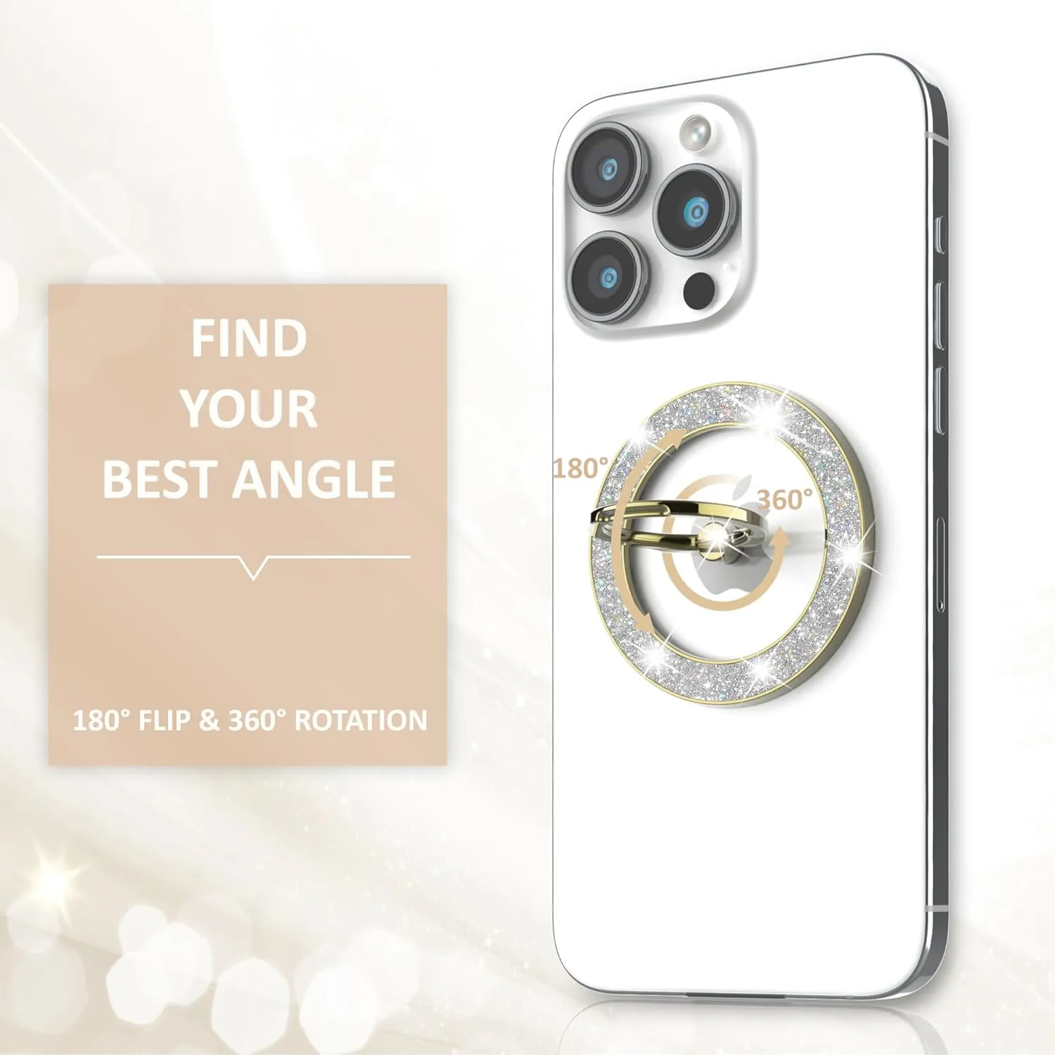 Magnetic Phone Ring Holder for MagSafe, Magnetic Phone Grip for iPhone, Compatible with iPhone MagSafe Wireless Charging. (Glitter Gold)