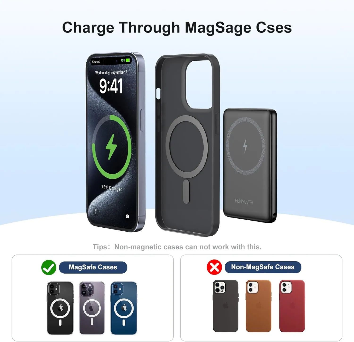 Magnetic Portable Charger, 5000mAh Wireless Power Bank Fast Charging Battery Pack with USB C Cable, Compatible with iPhone 16/15/14/13/12