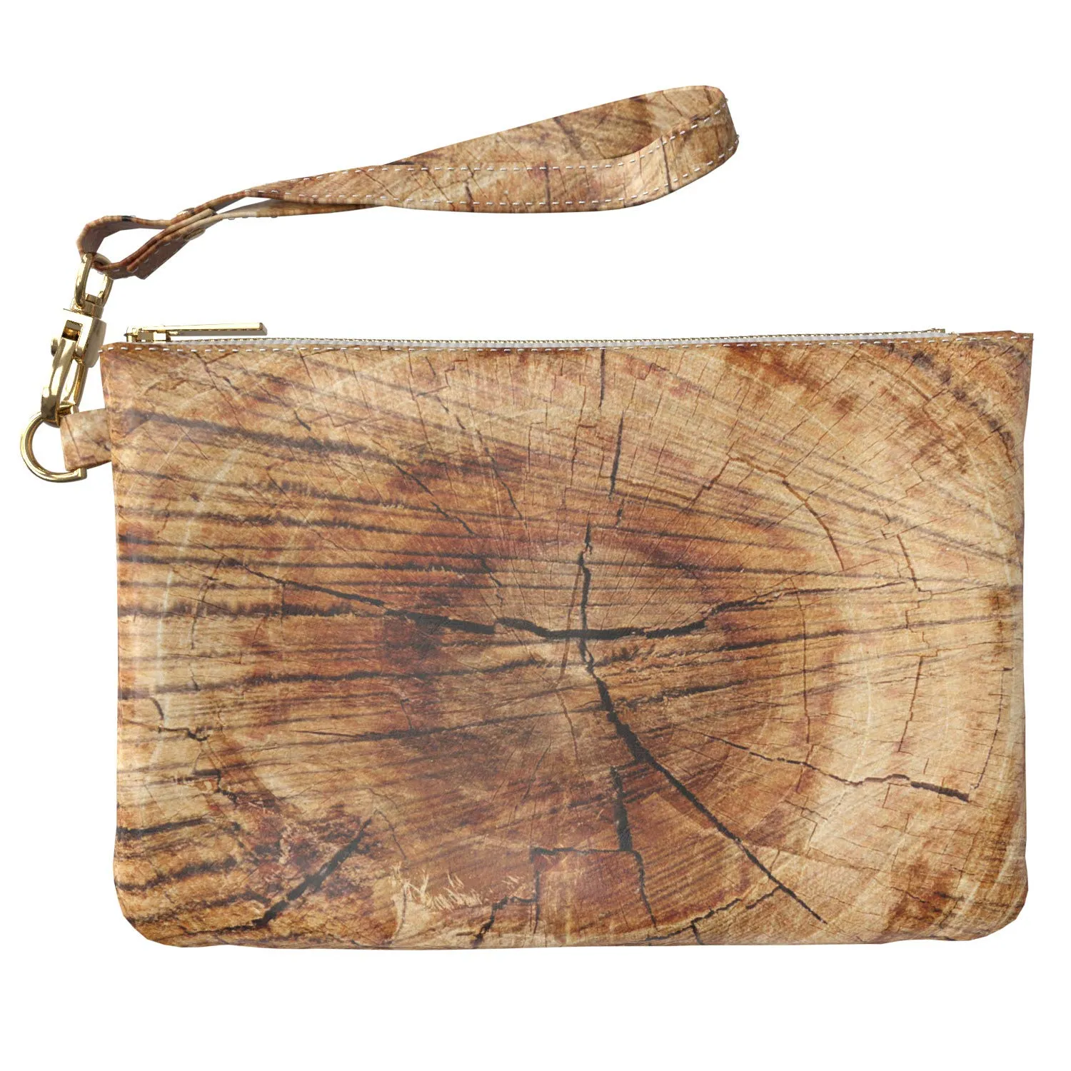 Makeup Bag 9.5 x 6 inch Strap Accessories Natural Grain Brown Purse Pouch Storage Glam Print PU Leather Toiletry Zipper Travel Case Slab Slice Wooden Portable Organizer Design Trunk Cosmetic
