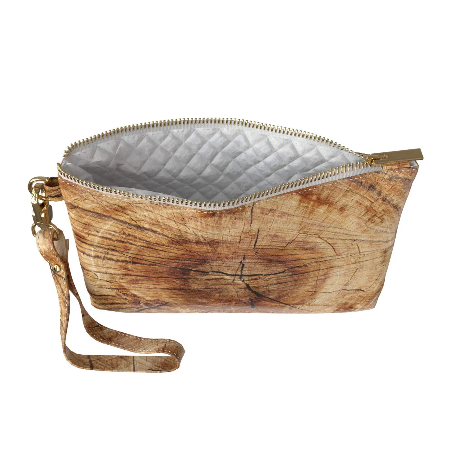 Makeup Bag 9.5 x 6 inch Strap Accessories Natural Grain Brown Purse Pouch Storage Glam Print PU Leather Toiletry Zipper Travel Case Slab Slice Wooden Portable Organizer Design Trunk Cosmetic