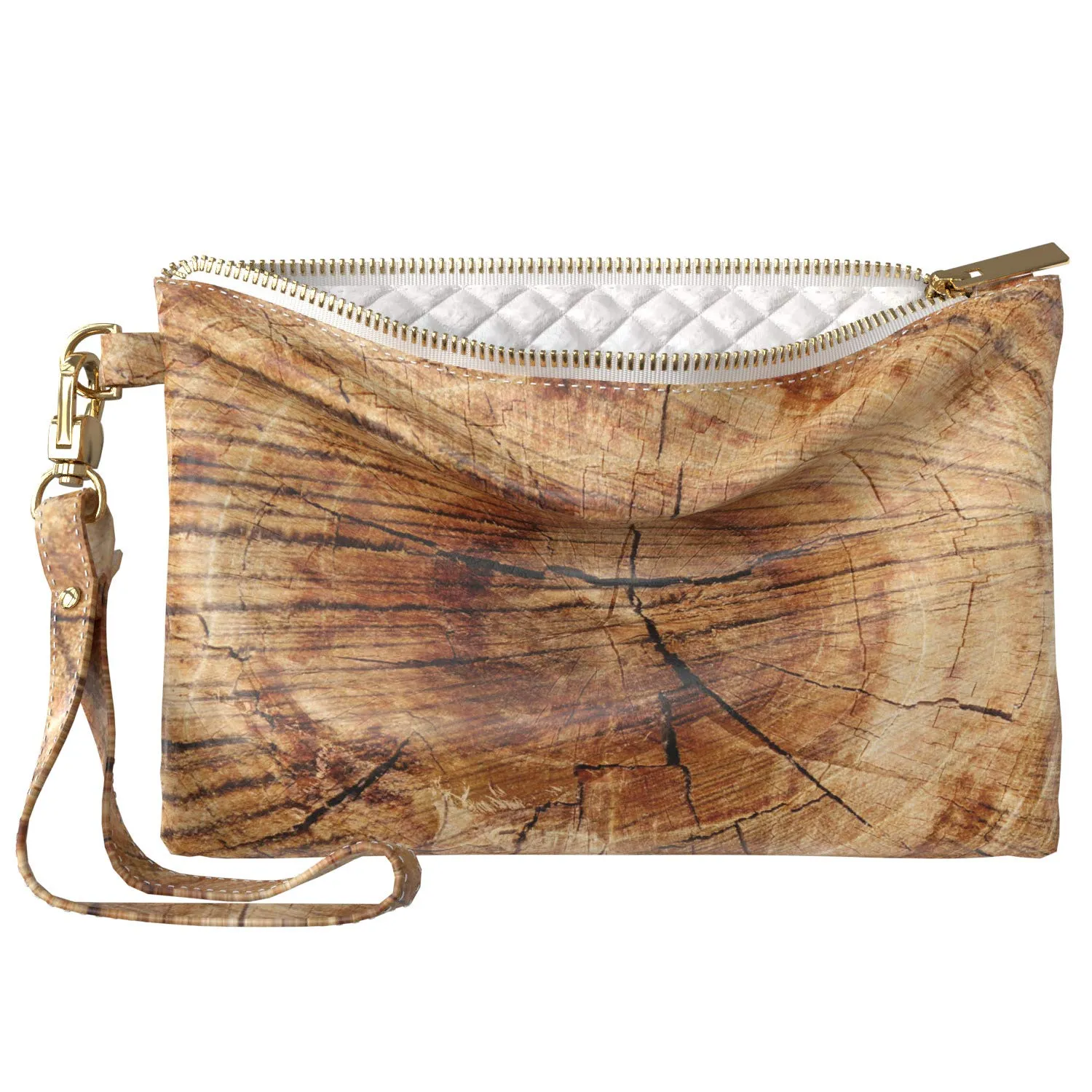 Makeup Bag 9.5 x 6 inch Strap Accessories Natural Grain Brown Purse Pouch Storage Glam Print PU Leather Toiletry Zipper Travel Case Slab Slice Wooden Portable Organizer Design Trunk Cosmetic