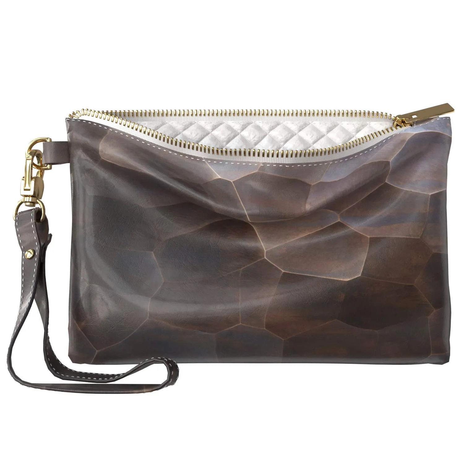 Makeup Bag 9.5 x 6 inch Wooden Print PU Leather Toiletry Zipper Travel Case Bronze Cosmetic Brown Abstract Mosaic Portable Organizer Design Tile Strap Accessories Purse Pouch Storage Luxury
