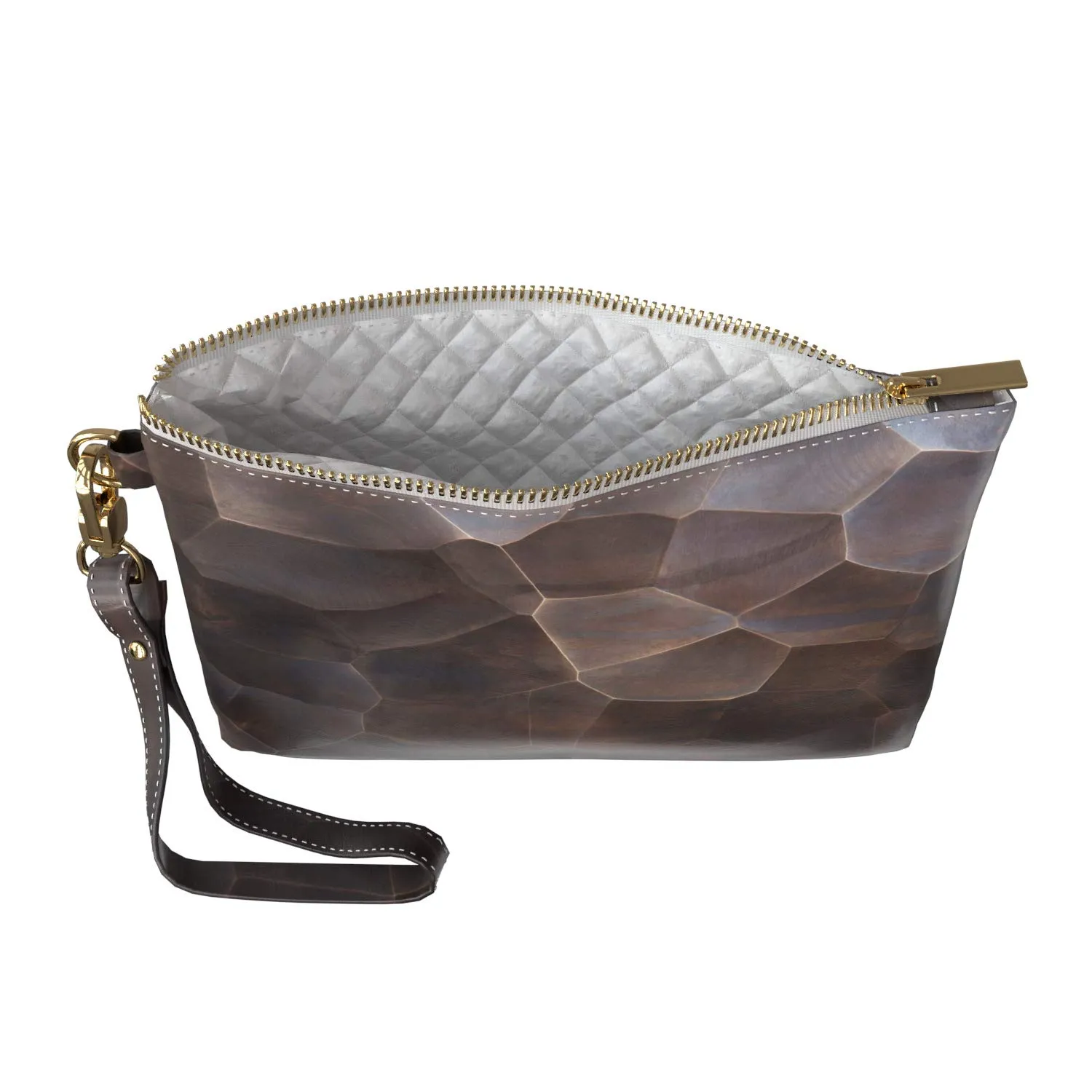 Makeup Bag 9.5 x 6 inch Wooden Print PU Leather Toiletry Zipper Travel Case Bronze Cosmetic Brown Abstract Mosaic Portable Organizer Design Tile Strap Accessories Purse Pouch Storage Luxury