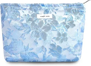 Makeup Bag Cosmetic bag Preppy Canvas Toiletry Bag for women Cute zipper pouch Organizer Travel accessories (01-Blue Embossed, Large)