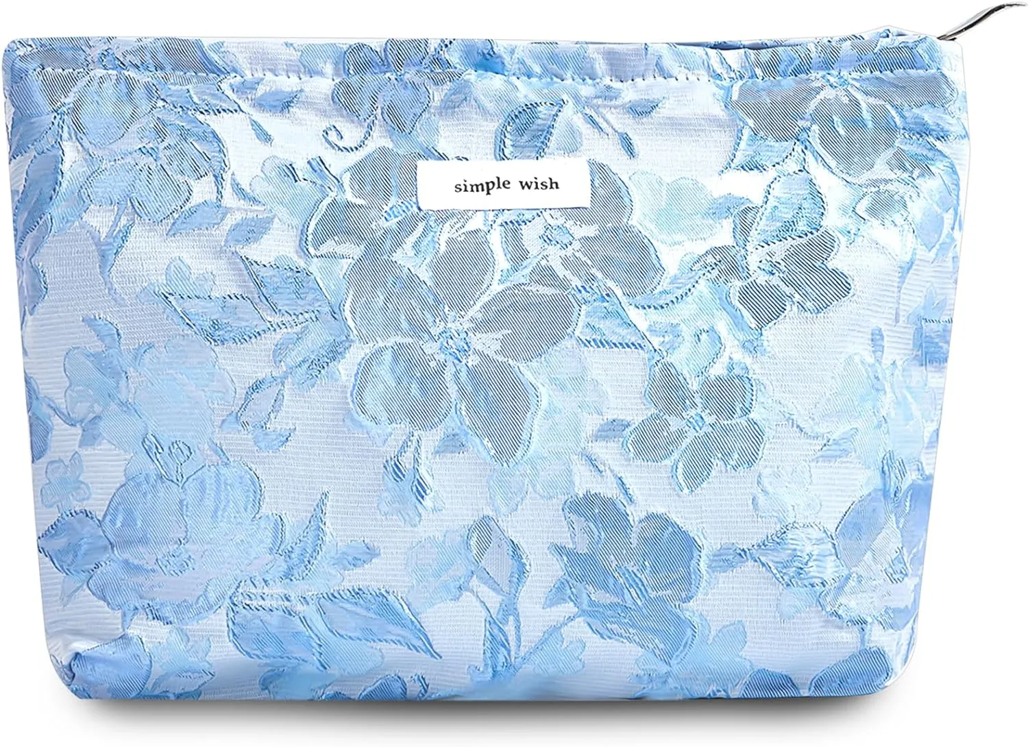 Makeup Bag Cosmetic bag Preppy Canvas Toiletry Bag for women Cute zipper pouch Organizer Travel accessories (01-Blue Embossed, Large)