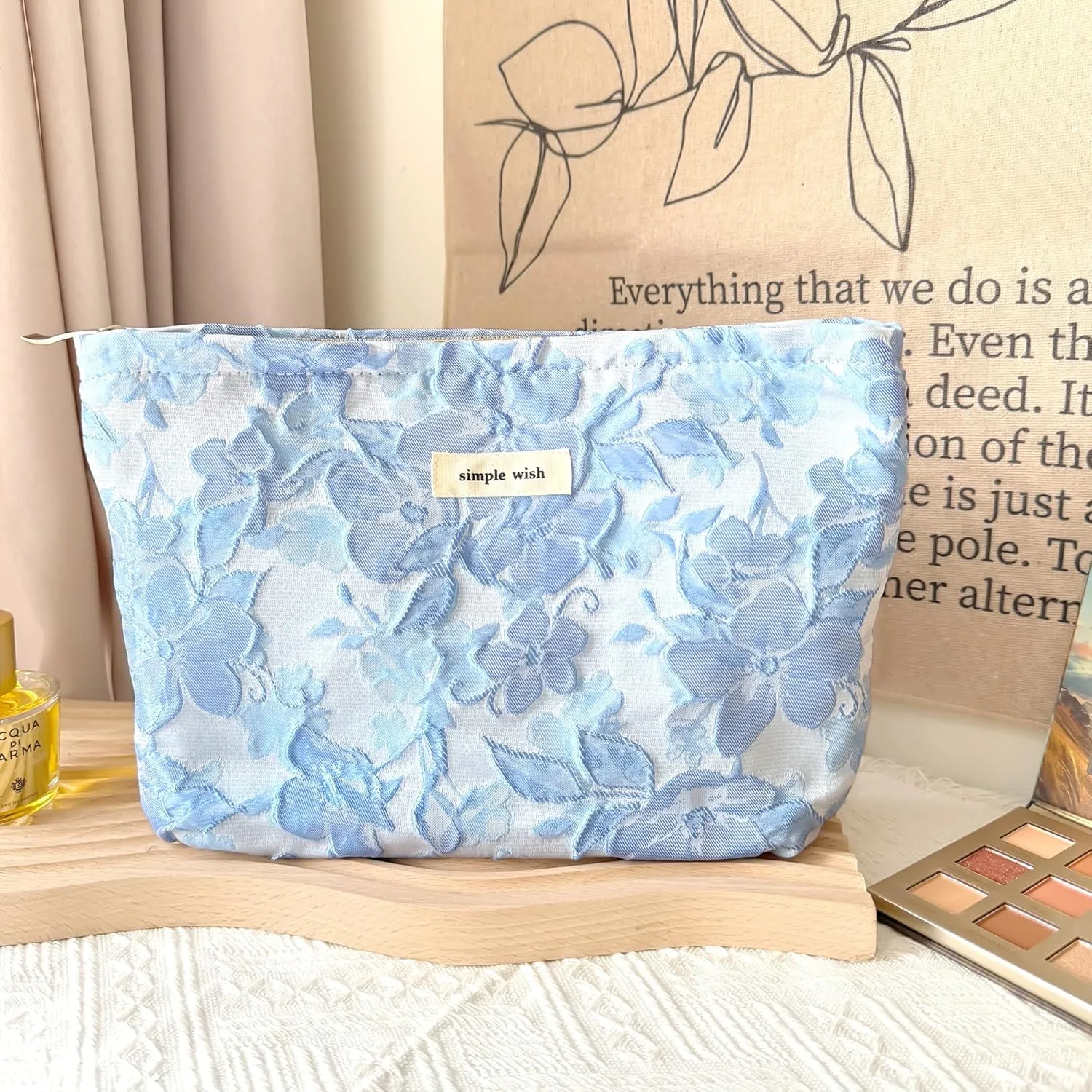 Makeup Bag Cosmetic bag Preppy Canvas Toiletry Bag for women Cute zipper pouch Organizer Travel accessories (01-Blue Embossed, Large)