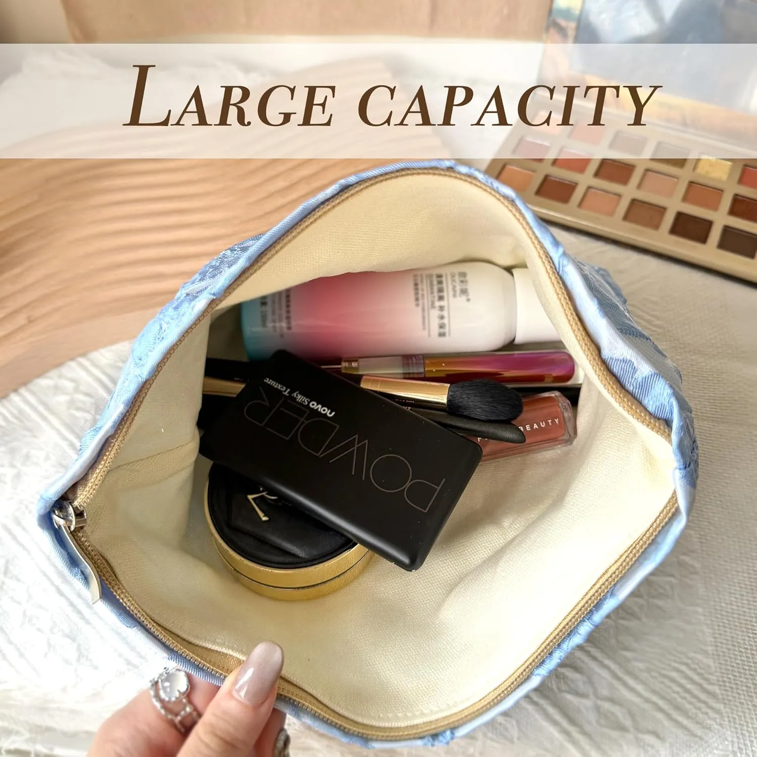 Makeup Bag Cosmetic bag Preppy Canvas Toiletry Bag for women Cute zipper pouch Organizer Travel accessories (01-Blue Embossed, Large)