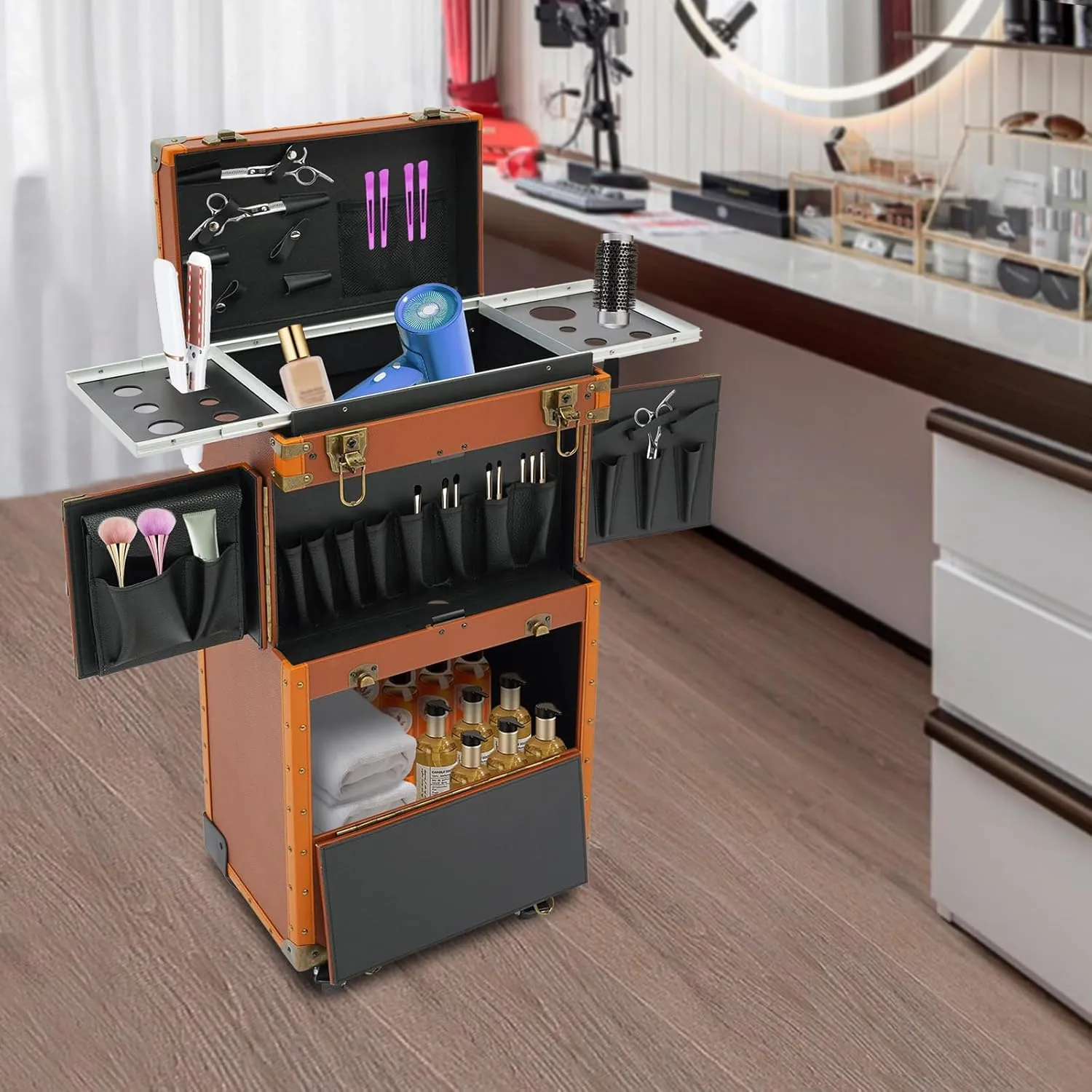 Makeup Rolling Case Large Rolling Nail Case 2 Mobile Password Locks and 2 Keys, Professional Makeup Train Case for Make Up Nail Hairstylists (Coffee)