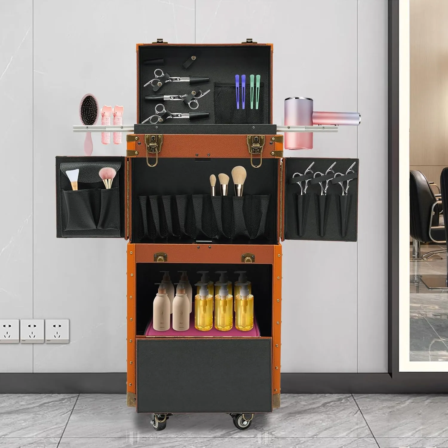 Makeup Rolling Case Large Rolling Nail Case 2 Mobile Password Locks and 2 Keys, Professional Makeup Train Case for Make Up Nail Hairstylists (Coffee)