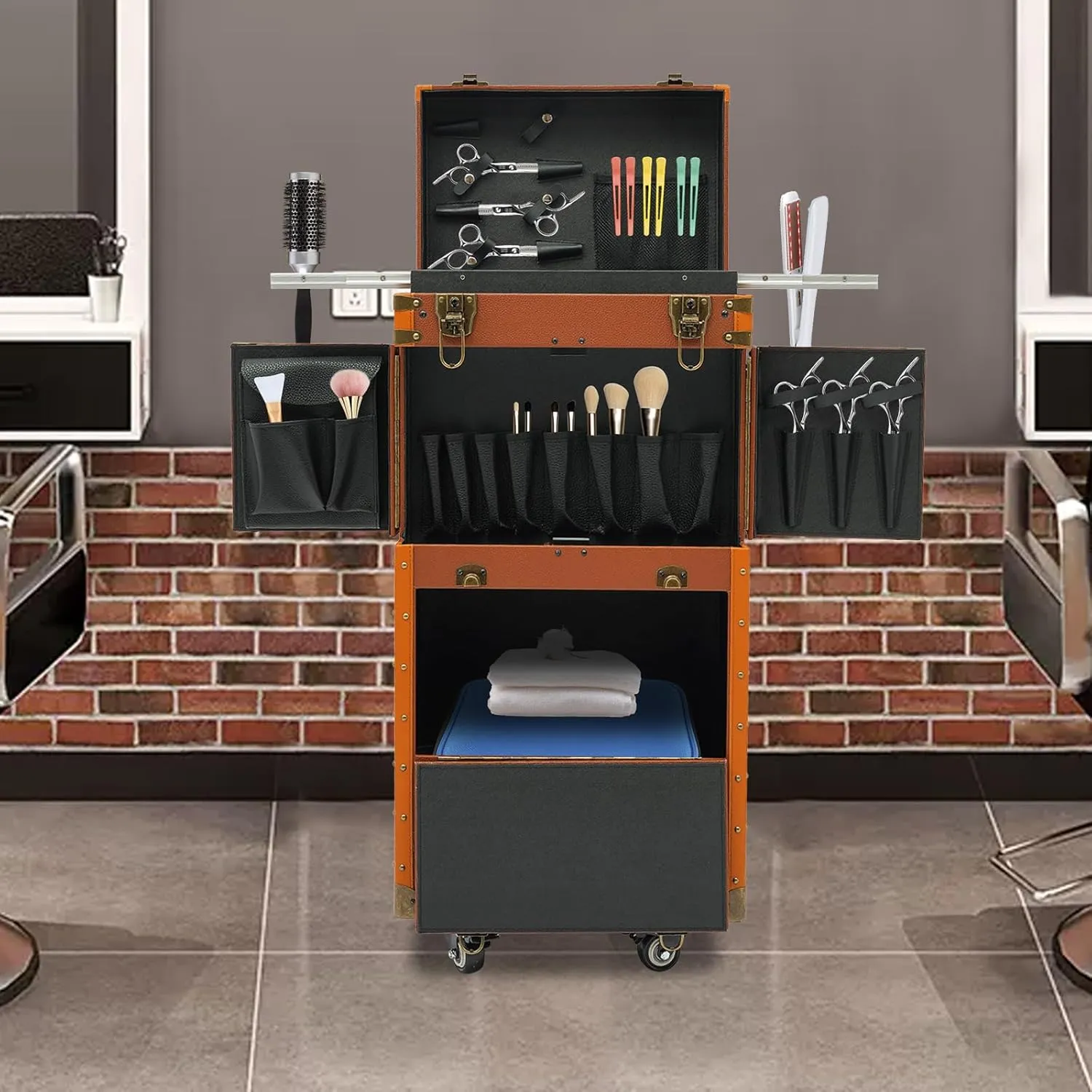 Makeup Rolling Case Large Rolling Nail Case 2 Mobile Password Locks and 2 Keys, Professional Makeup Train Case for Make Up Nail Hairstylists (Coffee)