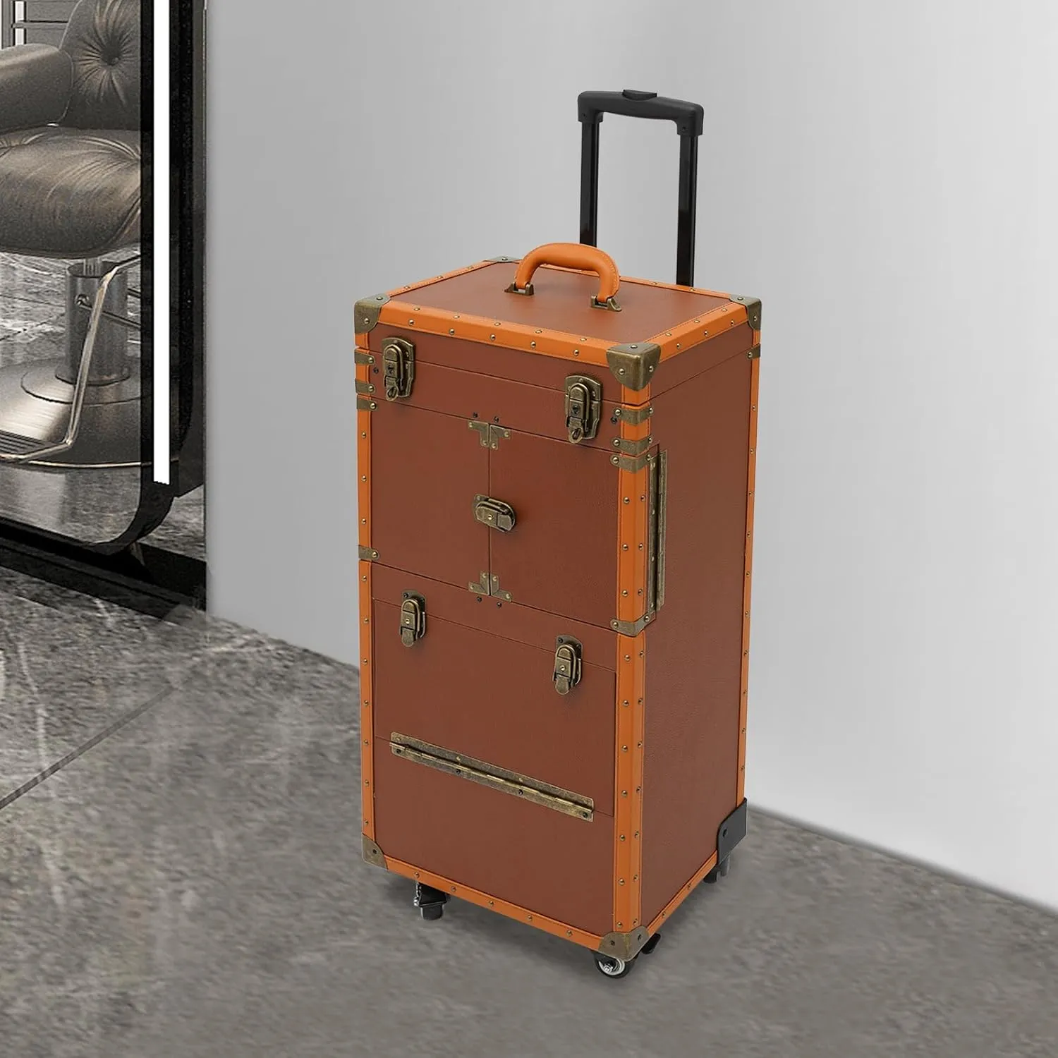 Makeup Rolling Case Large Rolling Nail Case 2 Mobile Password Locks and 2 Keys, Professional Makeup Train Case for Make Up Nail Hairstylists (Coffee)