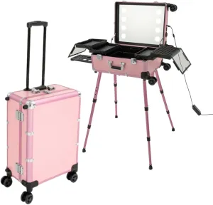 Makeup Train Case Professional Aluminum Alloy Rolling with Lighted Mirror Large Cosmetic Organizer Box with Wheels, Travel Vanity Box 8 * 5W LED Bulbs Capacity 110.23lbs Pink