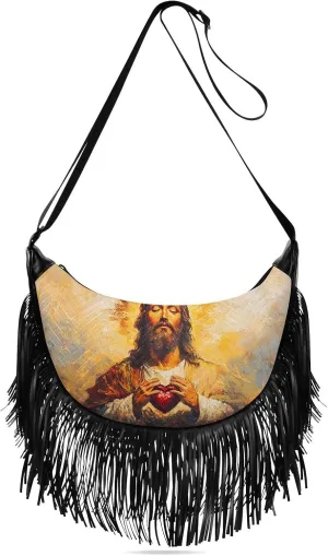Man with Heart Fringe Hippie Purses, Western Tassel Bags Crossbody Bags for Women with Adjustable Strap Fabric PU Material