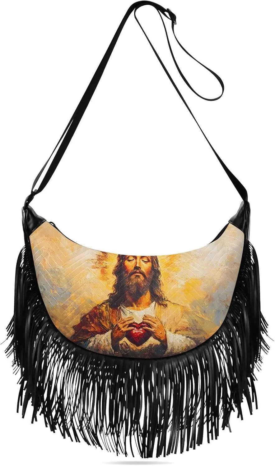 Man with Heart Fringe Hippie Purses, Western Tassel Bags Crossbody Bags for Women with Adjustable Strap Fabric PU Material