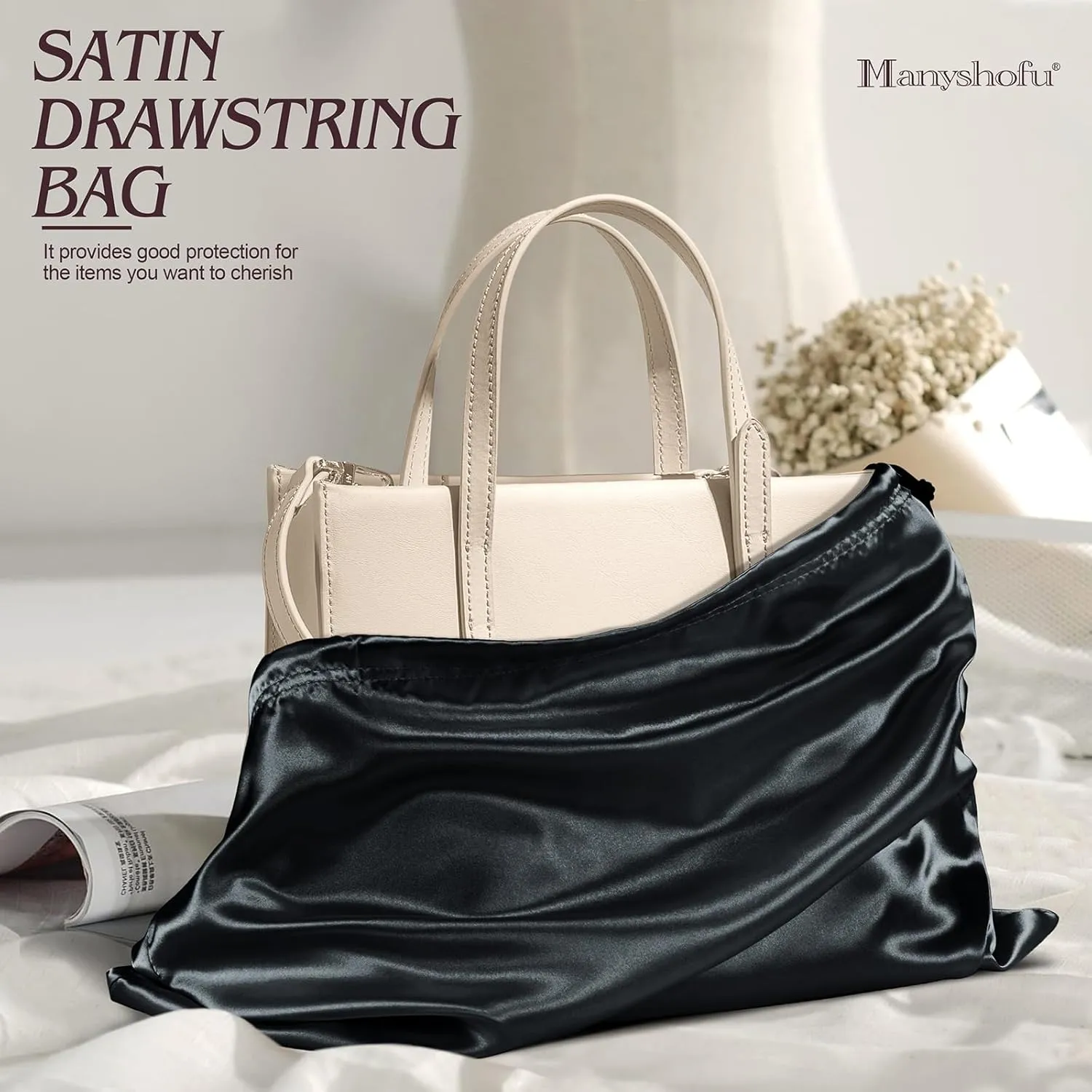 Manyshofu 7 Pack Satin Dust Bags for Handbags & Shoes - Black Drawstring Bags, Silk Dust Cover, Protector Travel Storage Pouch (23.6 x 19.6)