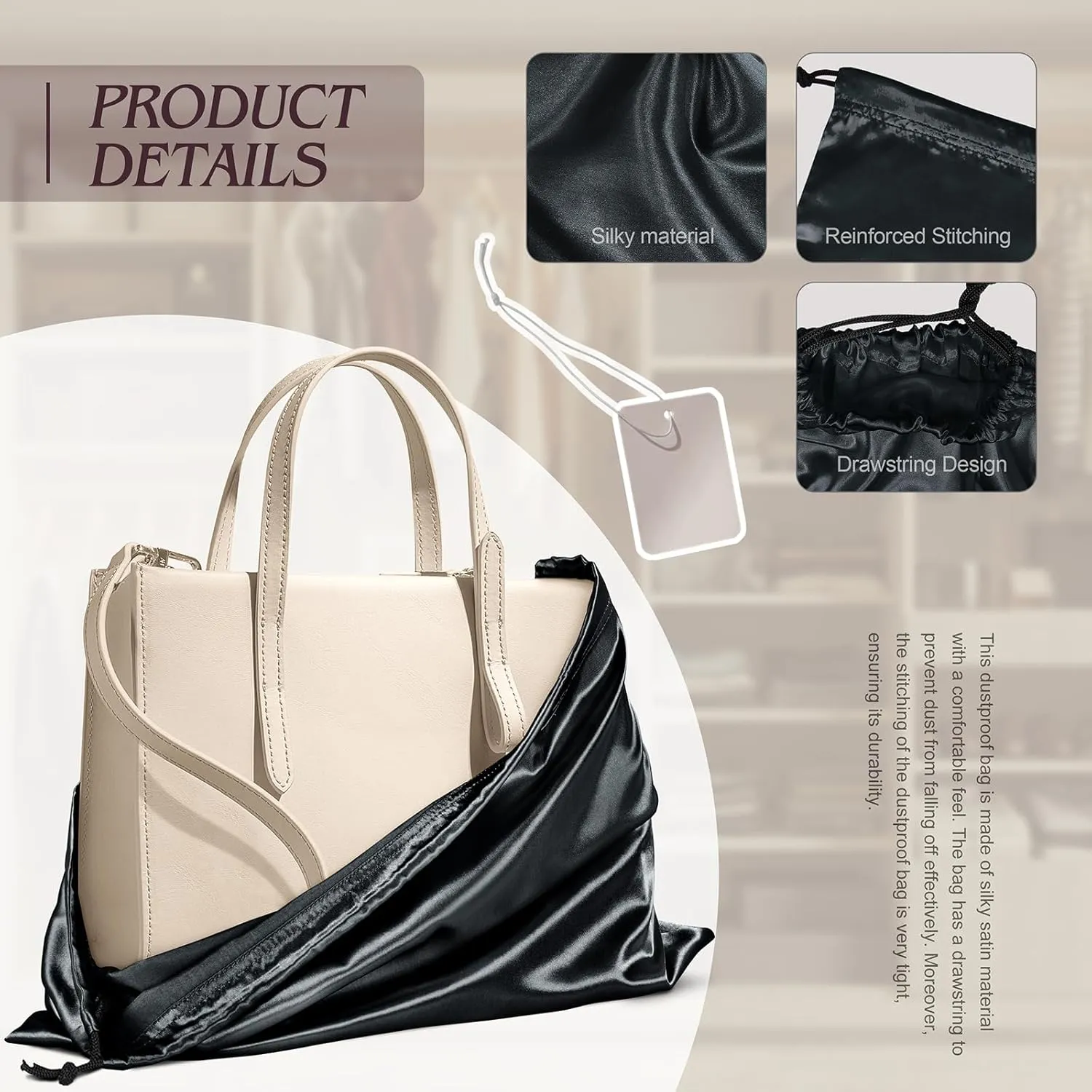 Manyshofu 7 Pack Satin Dust Bags for Handbags & Shoes - Black Drawstring Bags, Silk Dust Cover, Protector Travel Storage Pouch (23.6 x 19.6)