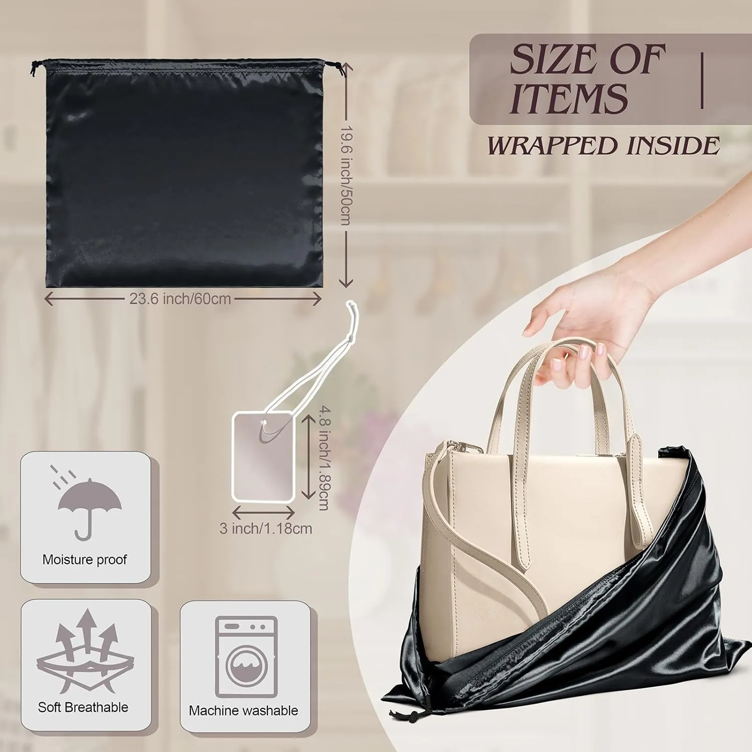 Manyshofu 7 Pack Satin Dust Bags for Handbags & Shoes - Black Drawstring Bags, Silk Dust Cover, Protector Travel Storage Pouch (23.6 x 19.6)