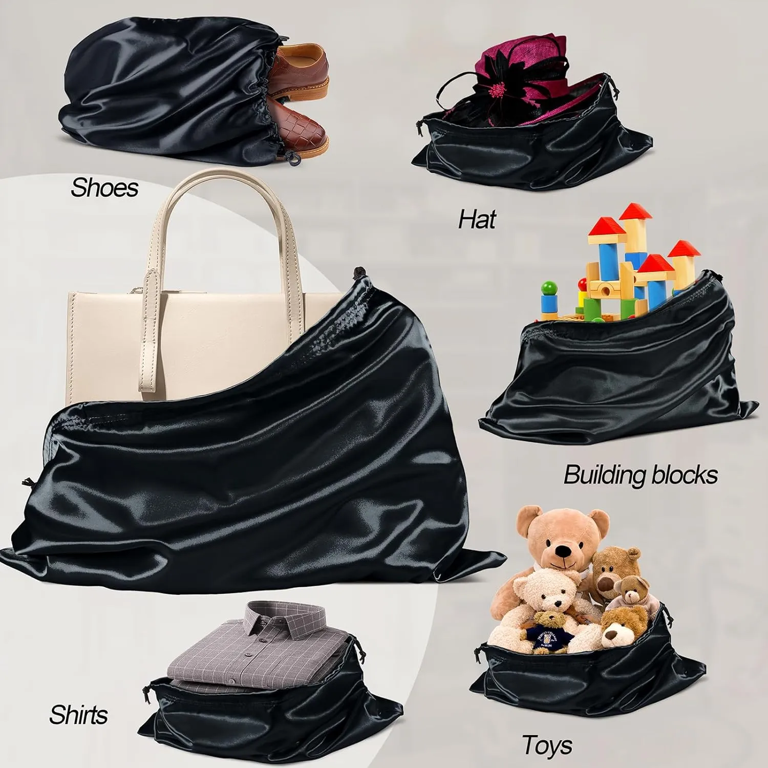 Manyshofu 7 Pack Satin Dust Bags for Handbags & Shoes - Black Drawstring Bags, Silk Dust Cover, Protector Travel Storage Pouch (23.6 x 19.6)