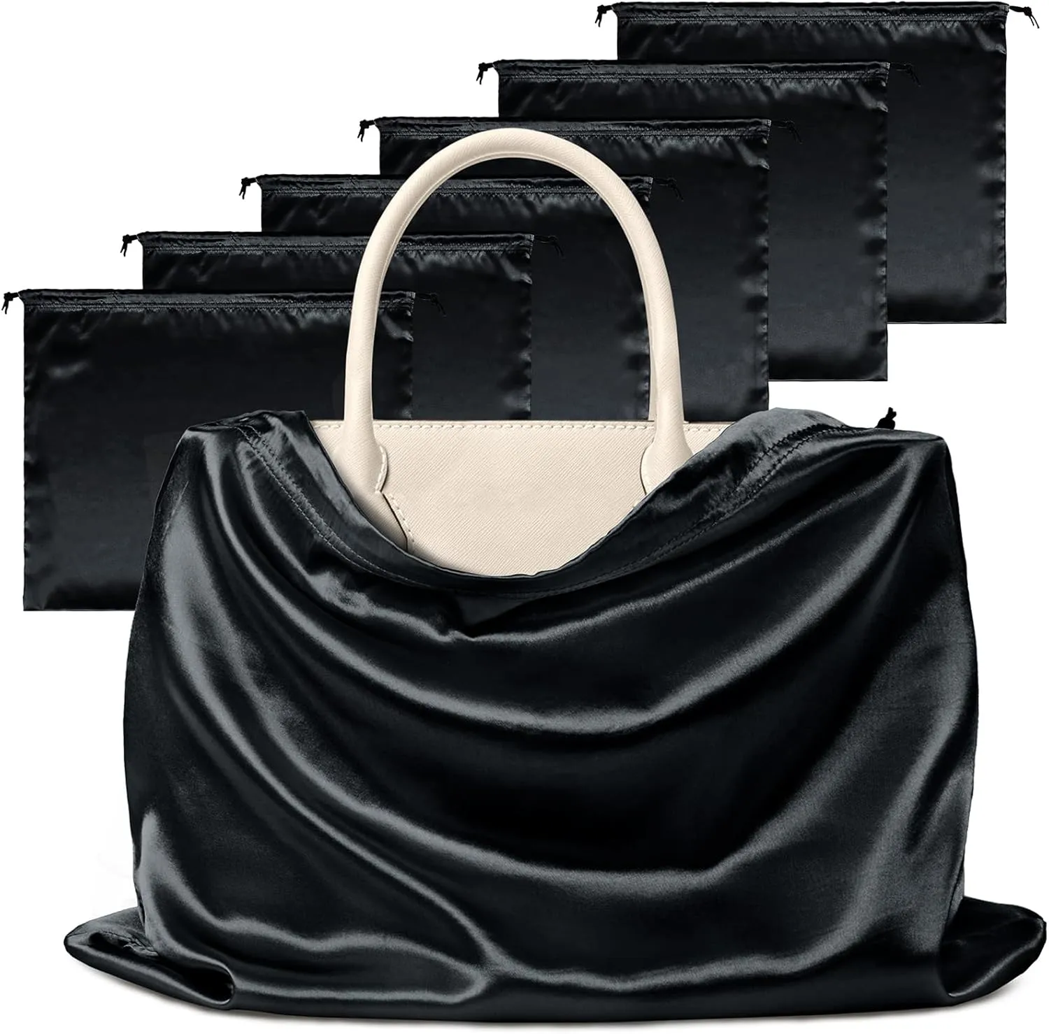 Manyshofu 7 Pack Satin Dust Bags for Handbags & Shoes - Black Drawstring Bags, Silk Dust Cover, Protector Travel Storage Pouch (23.6 x 19.6)