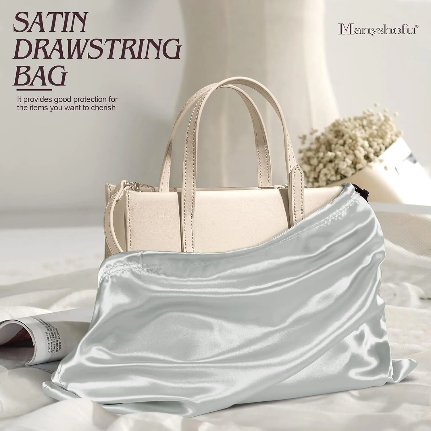Manyshofu 7 Pack Satin Dust Bags for Handbags & Shoes - Grey Drawstring Bags, Dustproof Protector Travel Storage Pouch (19.6 x 15.7)