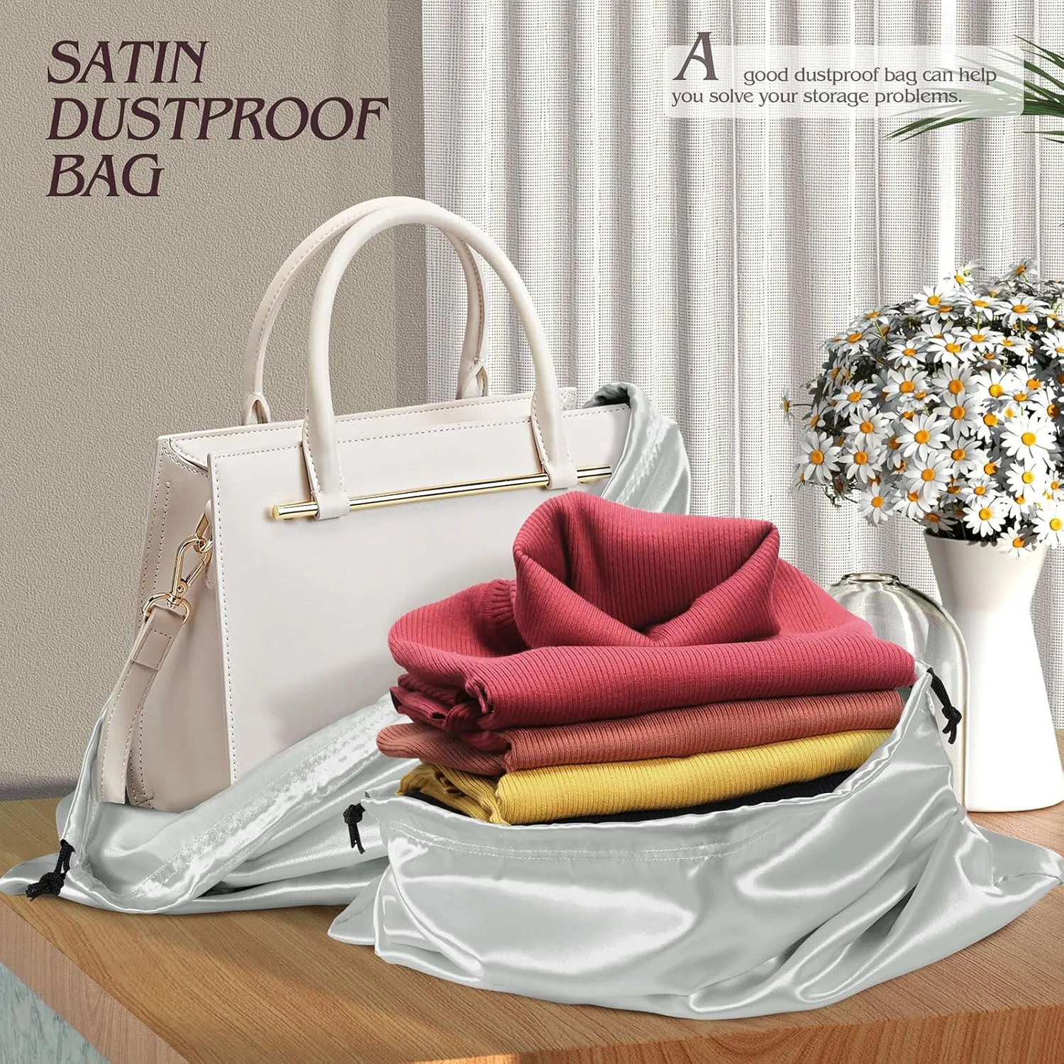 Manyshofu 7 Pack Satin Dust Bags for Handbags & Shoes - Grey Drawstring Bags, Dustproof Protector Travel Storage Pouch (19.6 x 15.7)