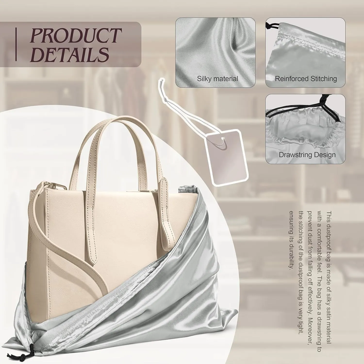 Manyshofu 7 Pack Satin Dust Bags for Handbags & Shoes - Grey Drawstring Bags, Dustproof Protector Travel Storage Pouch (19.6 x 15.7)