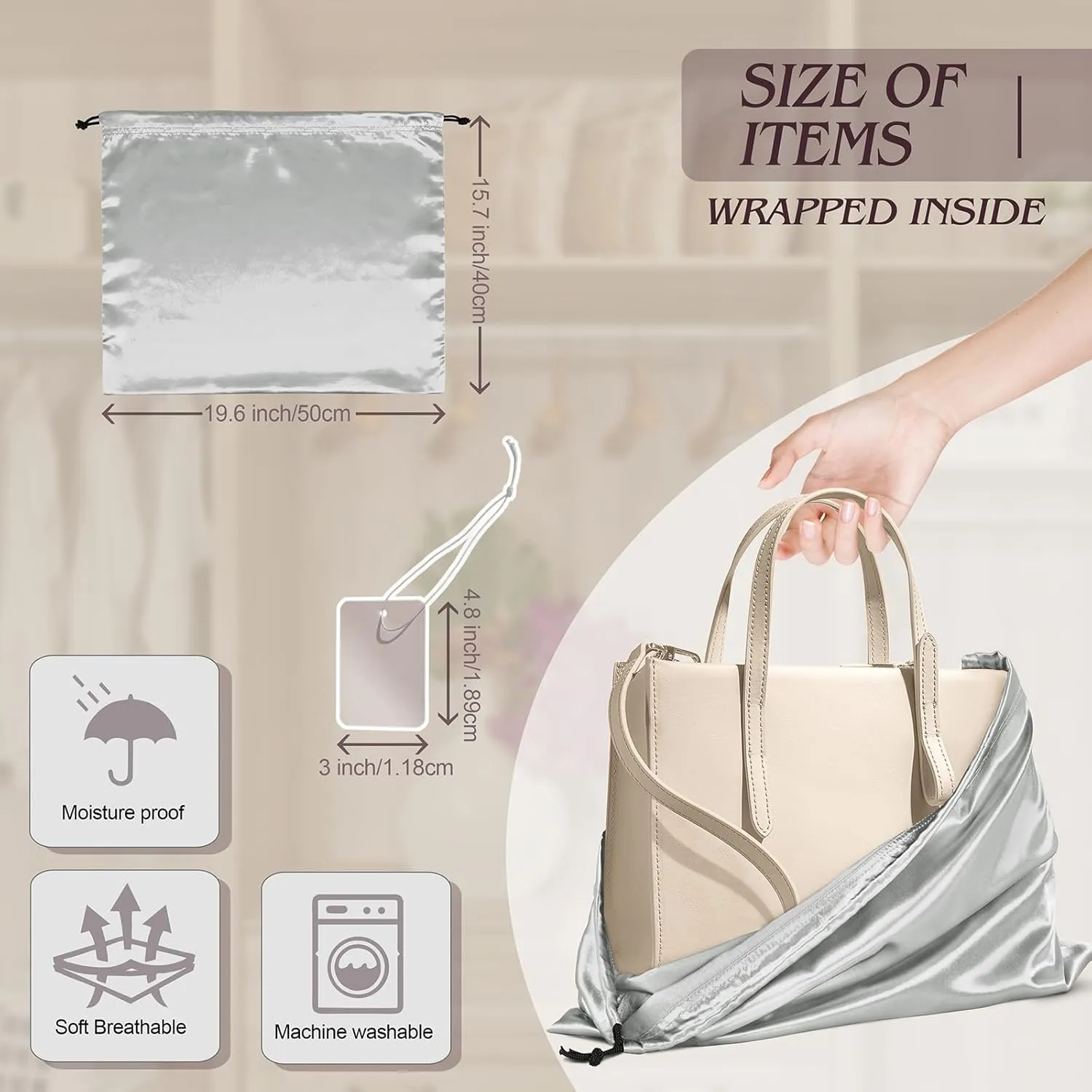Manyshofu 7 Pack Satin Dust Bags for Handbags & Shoes - Grey Drawstring Bags, Dustproof Protector Travel Storage Pouch (19.6 x 15.7)