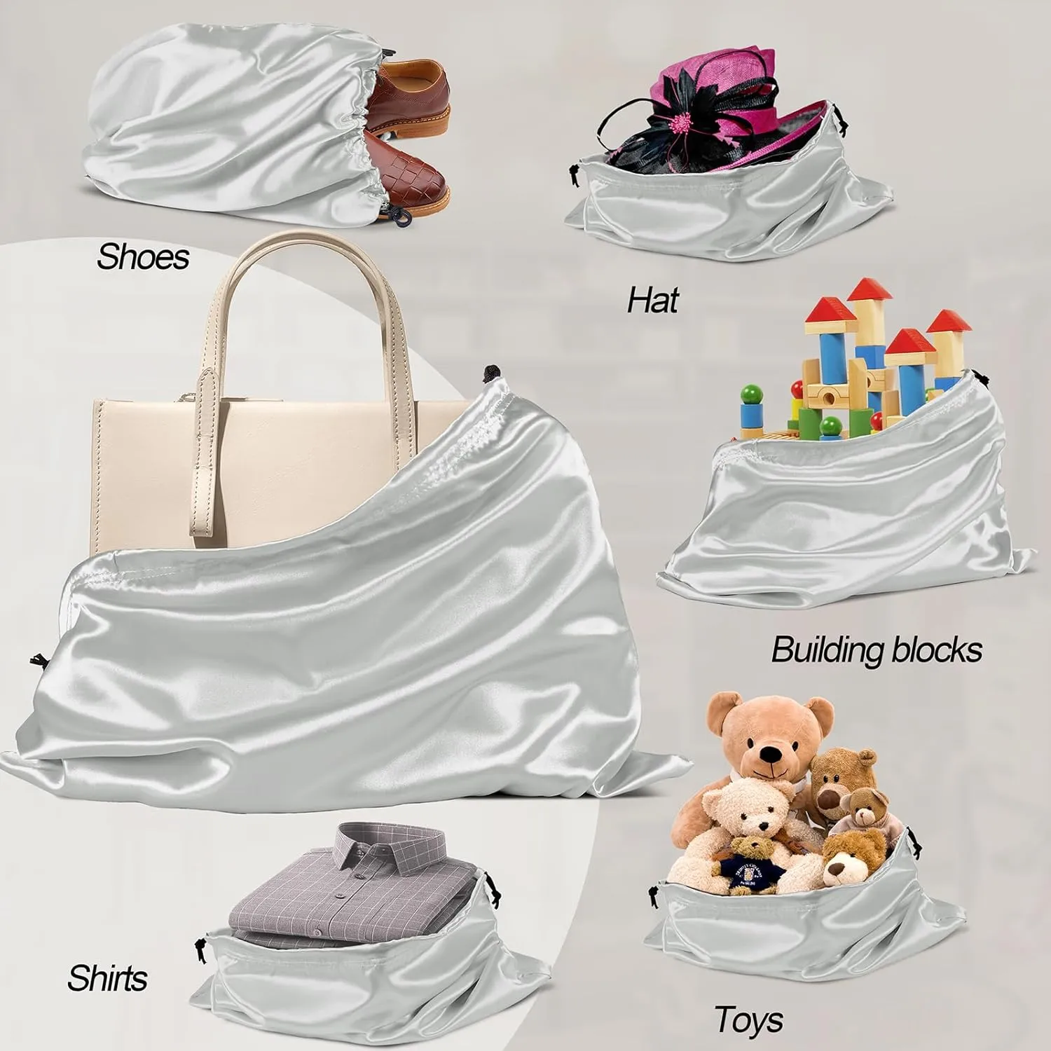 Manyshofu 7 Pack Satin Dust Bags for Handbags & Shoes - Grey Drawstring Bags, Dustproof Protector Travel Storage Pouch (19.6 x 15.7)