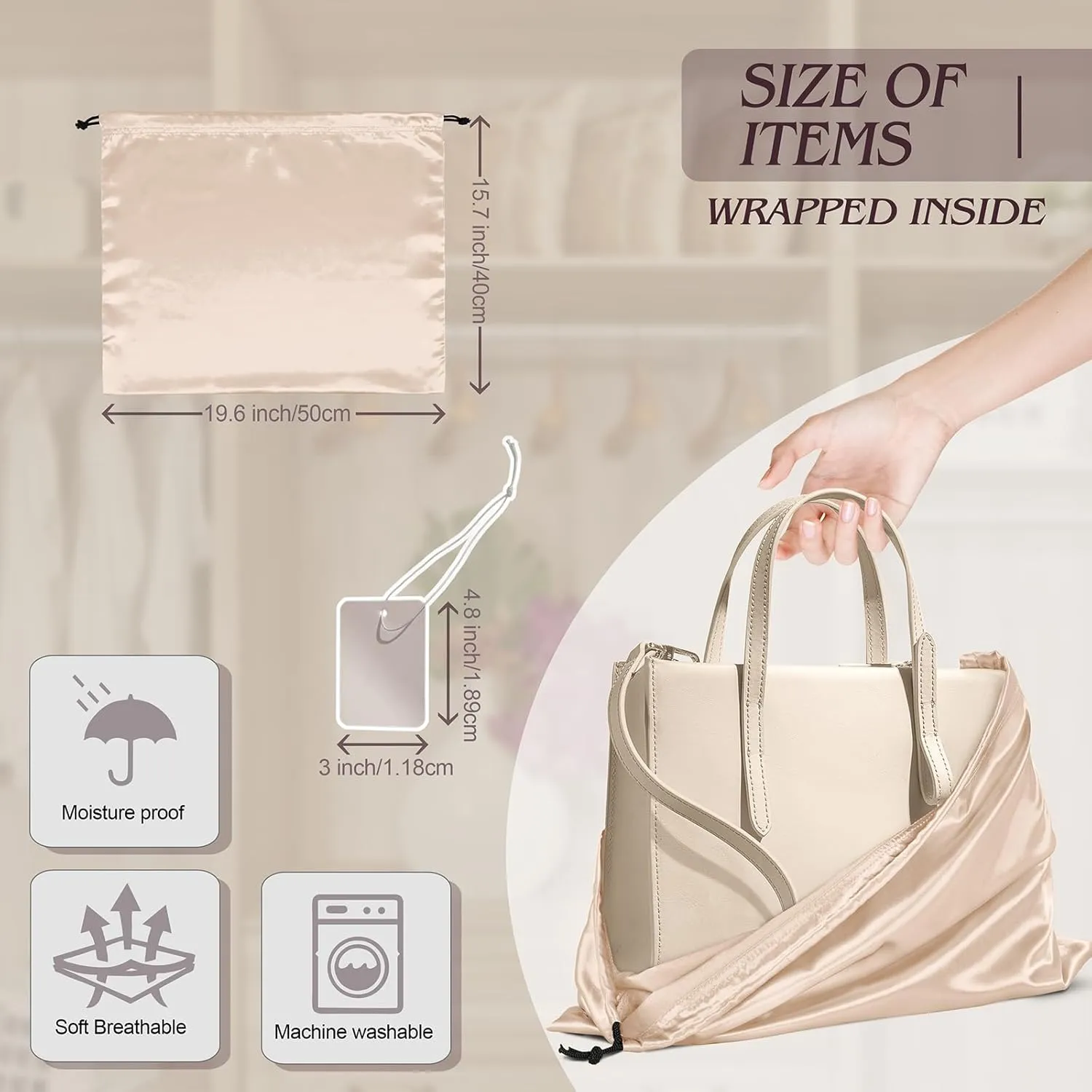 Manyshofu 7 Pack Satin Dust Bags for Handbags & Shoes - Silky Beige Drawstring Bags - Dustproof Protector Travel Storage Pouch (19.6 x 15.7)