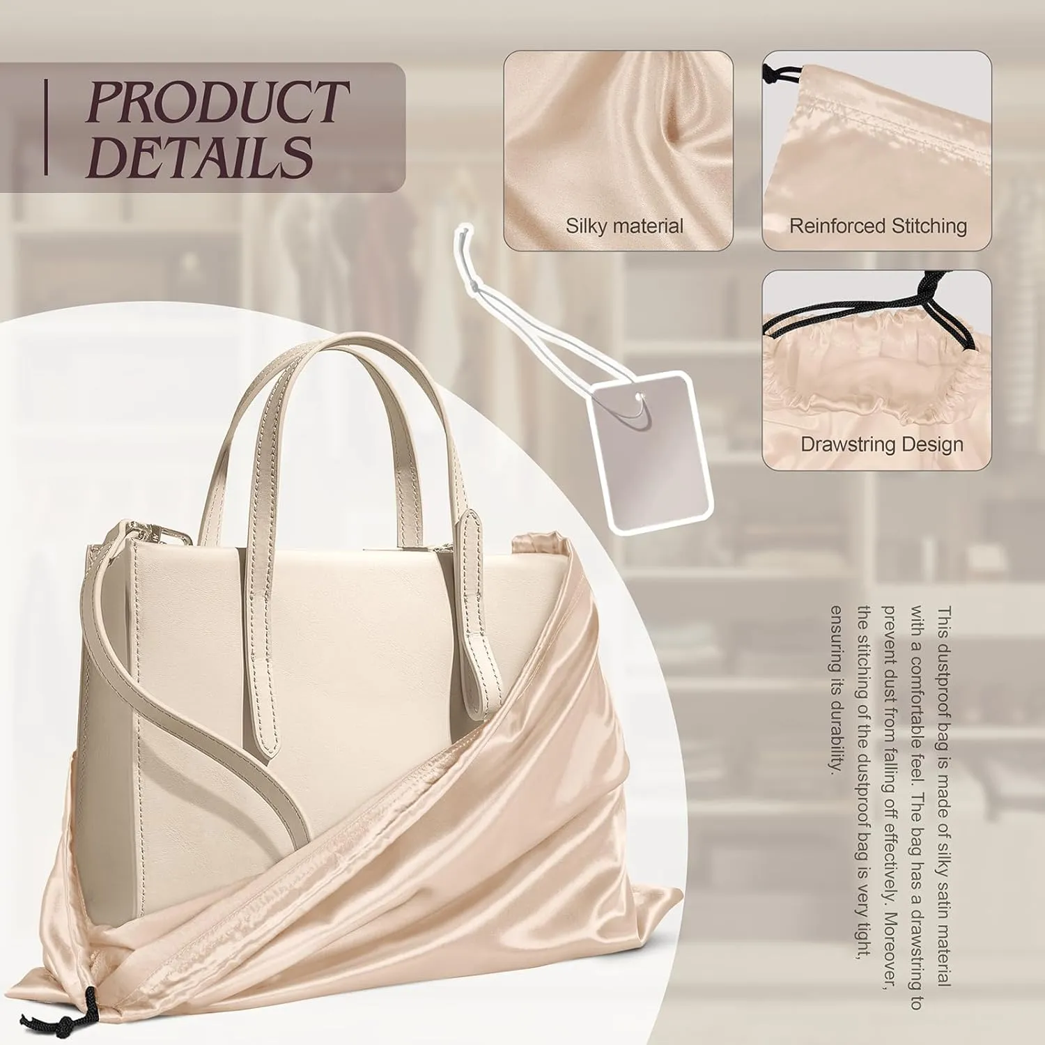 Manyshofu 7 Pack Satin Dust Bags for Handbags & Shoes - Silky Beige Drawstring Bags - Dustproof Protector Travel Storage Pouch (19.6 x 15.7)