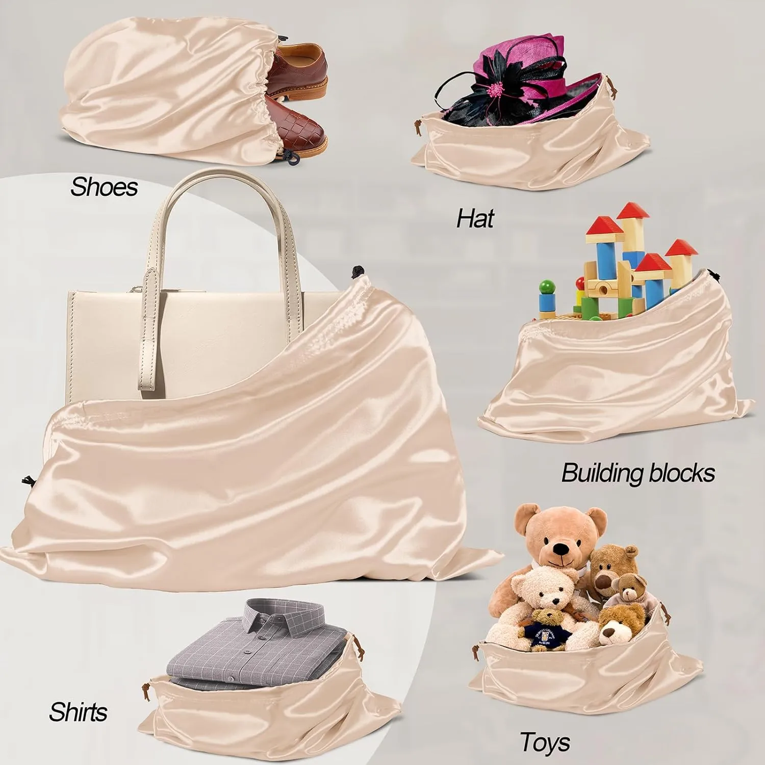 Manyshofu 7 Pack Satin Dust Bags for Handbags & Shoes - Silky Beige Drawstring Bags - Dustproof Protector Travel Storage Pouch (19.6 x 15.7)