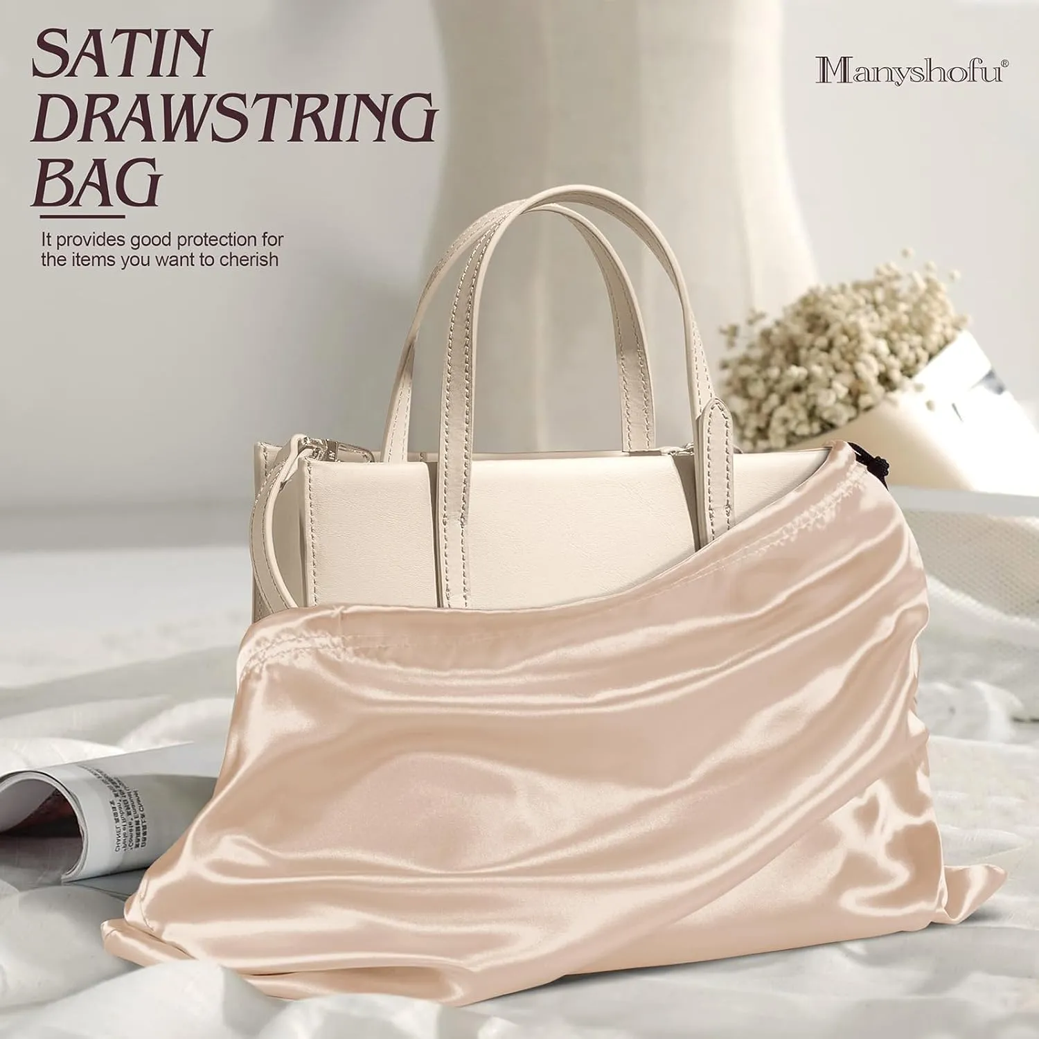 Manyshofu 7 Pack Satin Dust Bags for Handbags & Shoes - Silky Beige Drawstring Bags - Dustproof Protector Travel Storage Pouch (19.6 x 15.7)