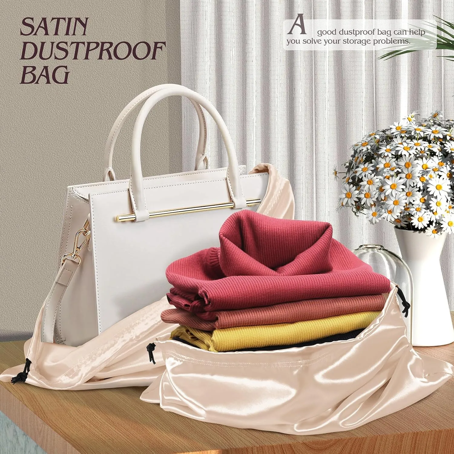 Manyshofu 7 Pack Satin Dust Bags for Handbags & Shoes - Silky Beige Drawstring Bags - Dustproof Protector Travel Storage Pouch (19.6 x 15.7)