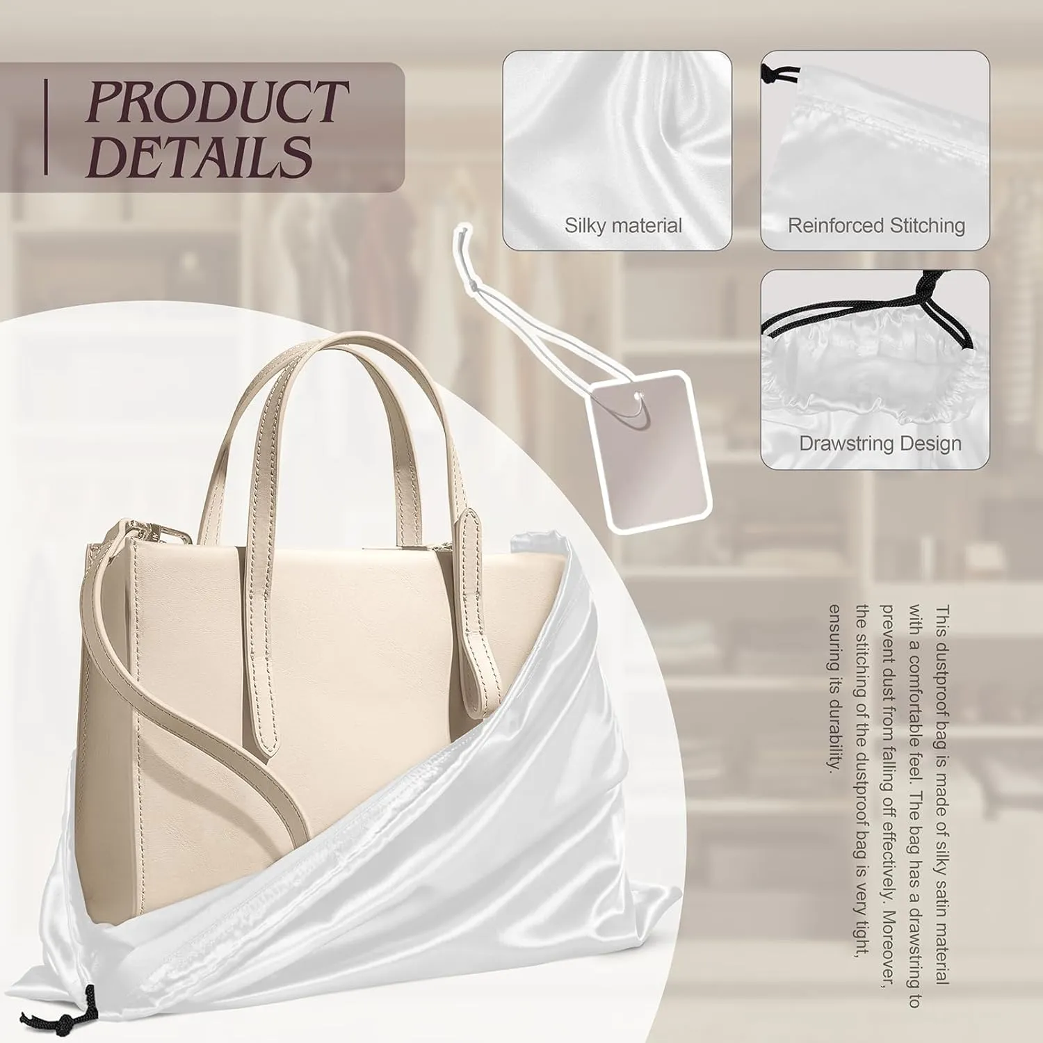 Manyshofu 7 Pack Satin Dust Bags for Handbags & Shoes - White Drawstring Bags, Dustproof Protector Travel Storage Pouch (23.6 x 19.6)
