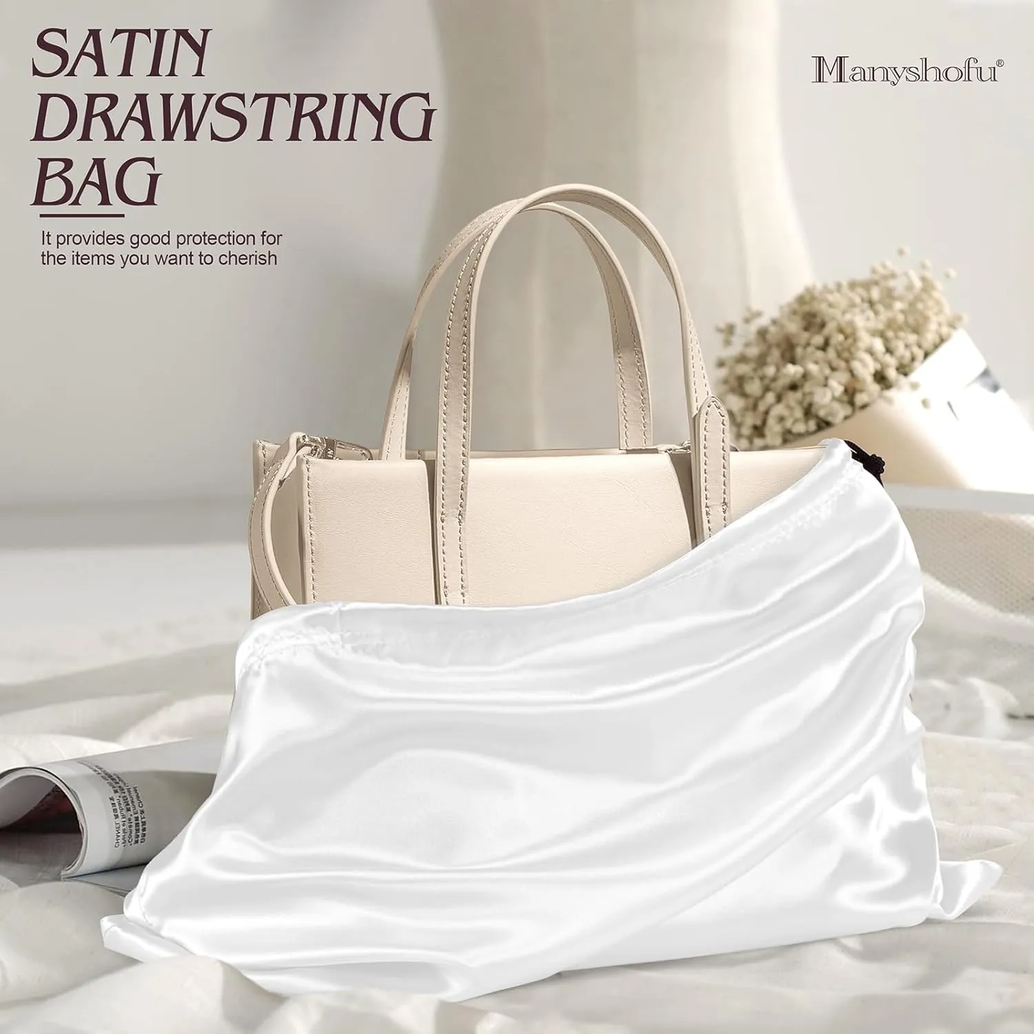 Manyshofu 7 Pack Satin Dust Bags for Handbags & Shoes - White Drawstring Bags, Dustproof Protector Travel Storage Pouch (23.6 x 19.6)