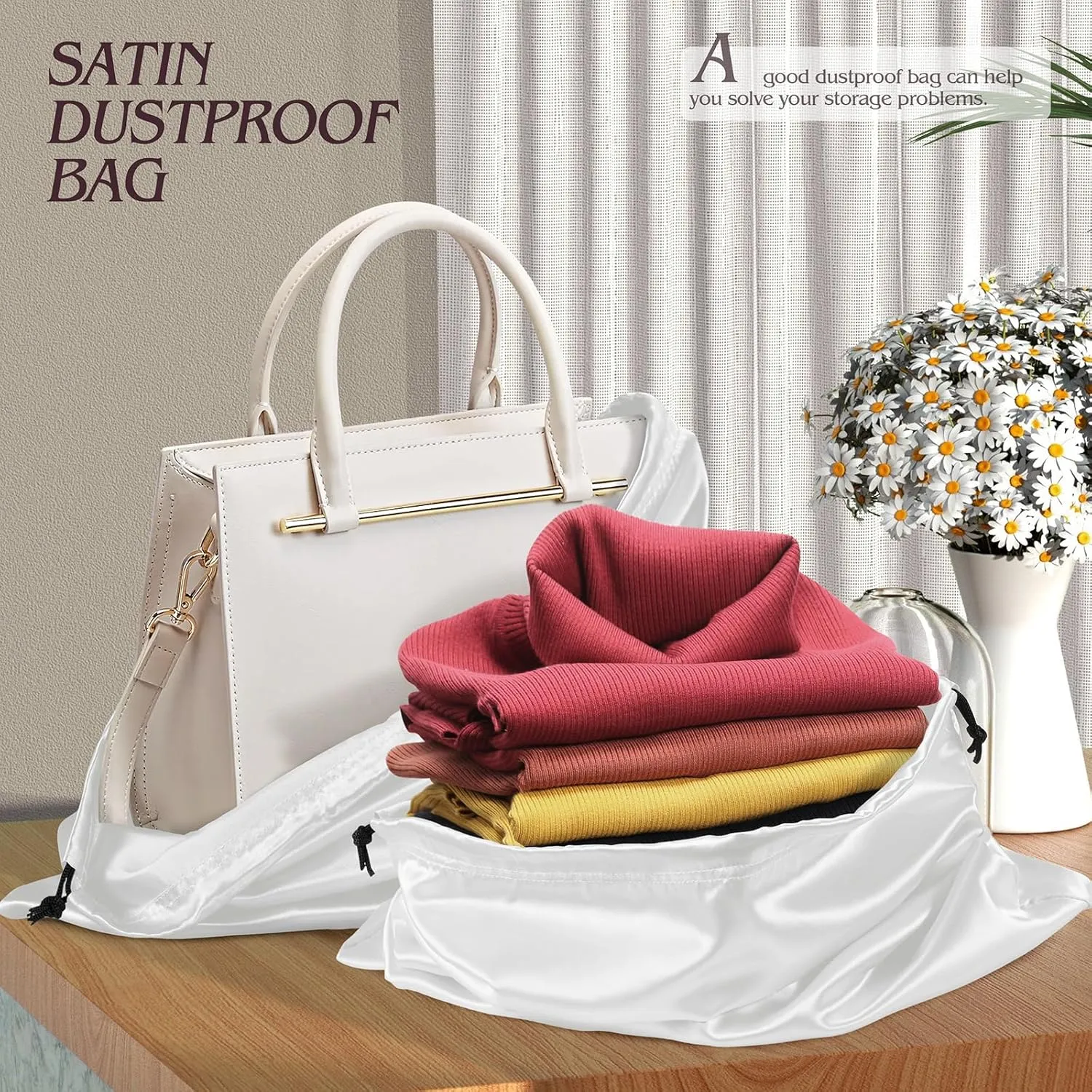 Manyshofu 7 Pack Satin Dust Bags for Handbags & Shoes - White Drawstring Bags, Dustproof Protector Travel Storage Pouch (23.6 x 19.6)