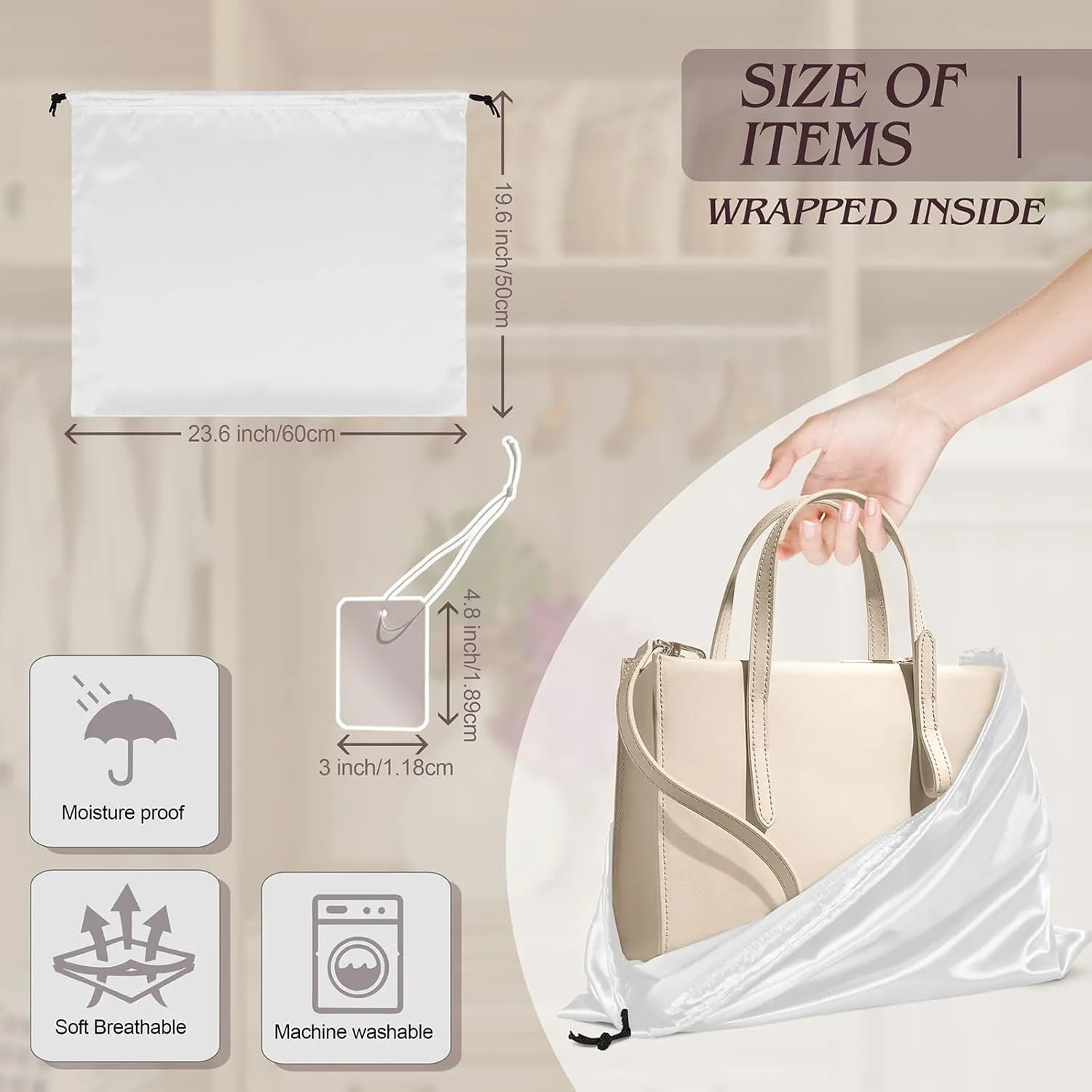 Manyshofu 7 Pack Satin Dust Bags for Handbags & Shoes - White Drawstring Bags, Dustproof Protector Travel Storage Pouch (23.6 x 19.6)