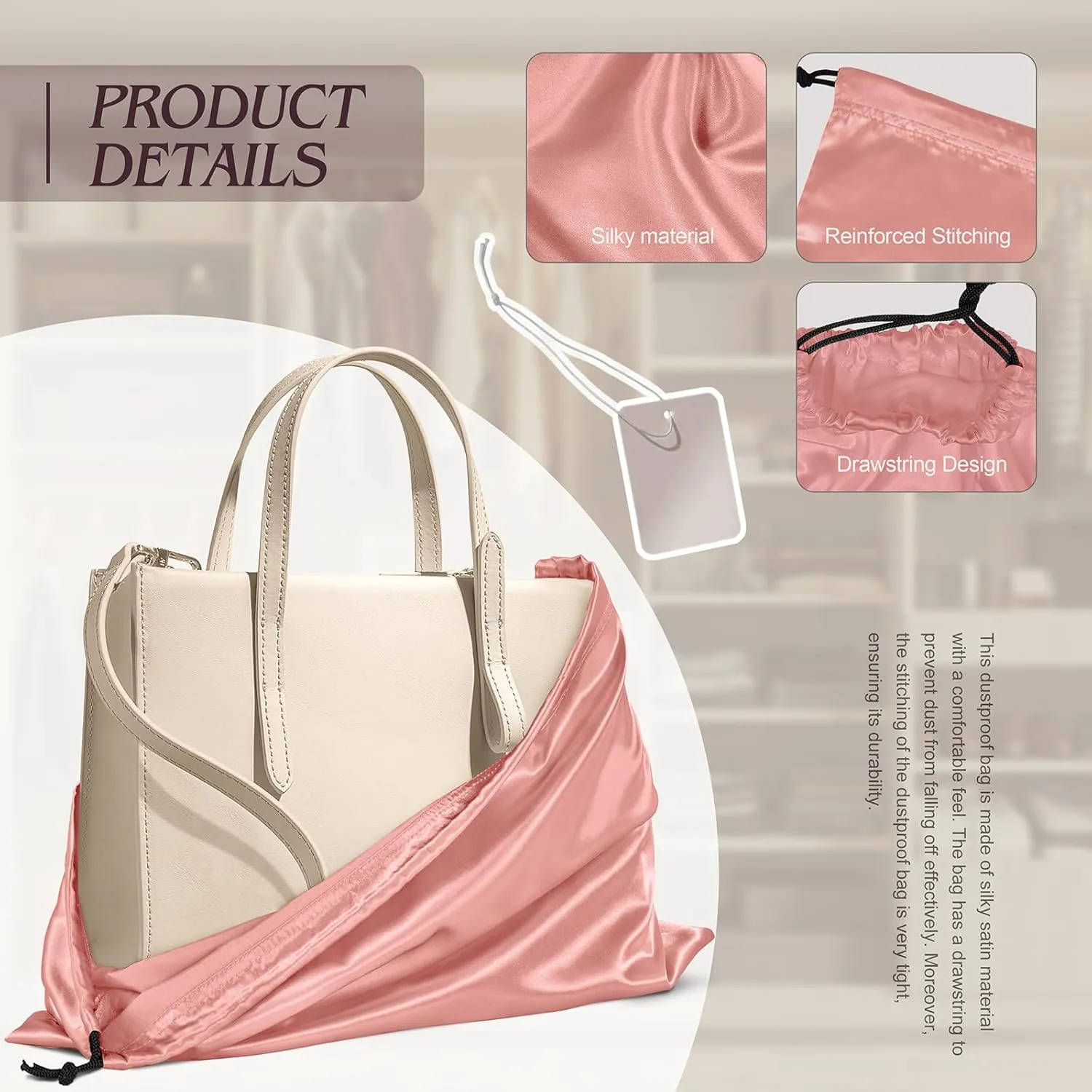 Manyshofu 7 Pack Satin Dust Bags for Handbags Storage, Silky Shoe Bag Rose Gold Drawstring Bags for Shoes & Purses - Silk Dust Cover Bag Dustproof Bags Protector Travel Storage Pouch(23.6 x 19.6)