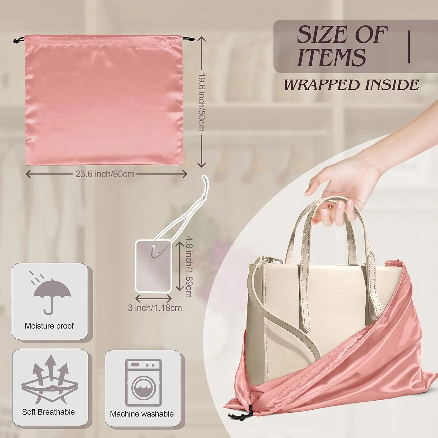 Manyshofu 7 Pack Satin Dust Bags for Handbags Storage, Silky Shoe Bag Rose Gold Drawstring Bags for Shoes & Purses - Silk Dust Cover Bag Dustproof Bags Protector Travel Storage Pouch(23.6 x 19.6)