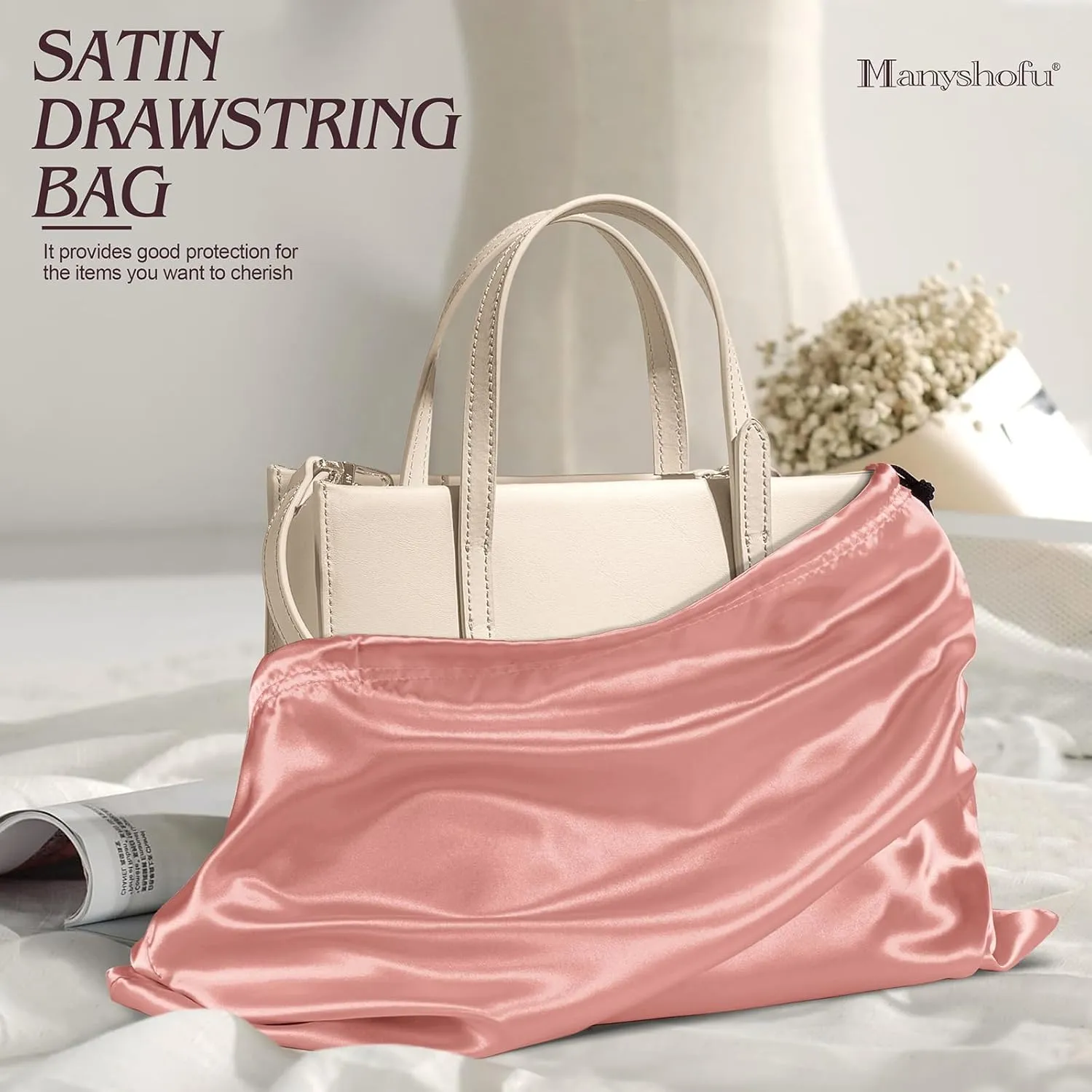 Manyshofu 7 Pack Satin Dust Bags for Handbags Storage, Silky Shoe Bag Rose Gold Drawstring Bags for Shoes & Purses - Silk Dust Cover Bag Dustproof Bags Protector Travel Storage Pouch(23.6 x 19.6)