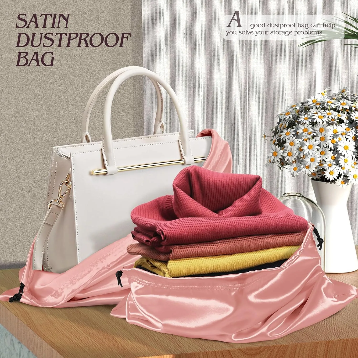 Manyshofu 7 Pack Satin Dust Bags for Handbags Storage, Silky Shoe Bag Rose Gold Drawstring Bags for Shoes & Purses - Silk Dust Cover Bag Dustproof Bags Protector Travel Storage Pouch(23.6 x 19.6)