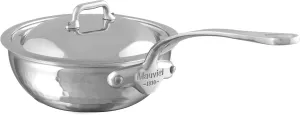 Mauviel M'Elite 5-Ply Hammered Polished Stainless Steel Chef Pan With Curved Lid, Cast Stainless Steel Handle, 2.1-Qt, Made in France